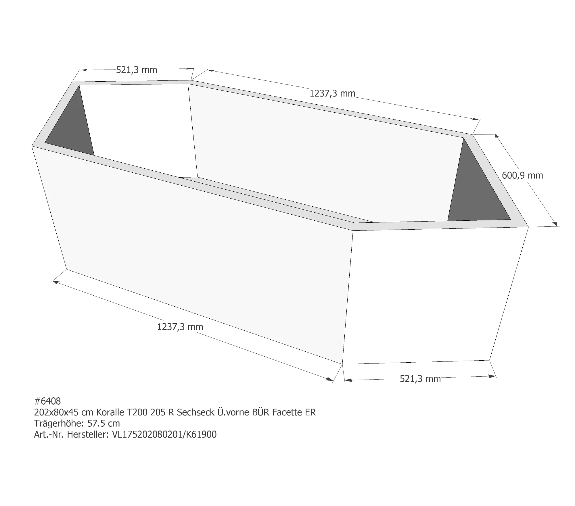 Badewannenträger für Koralle T200 205 R (Facette ER) 202 × 80 × 45 cm
