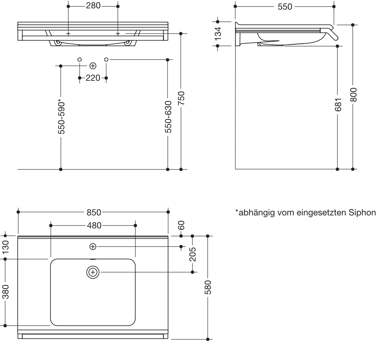 Wandwaschtisch 85 × 58 × 14 cm in Schwarz tiefmatt