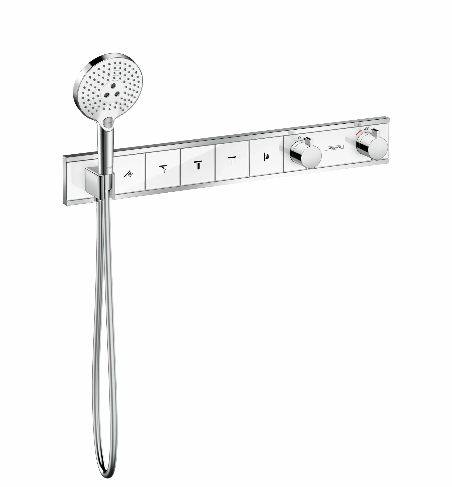 Hansgrohe RainSelect Thermostat Unterputz für 5 Verbraucher mit integriertem Brausehalter Weiß/Chrom Hansgrohe RainSelect Thermostat Unterputz für 5 Verbraucher mit integriertem Brausehalter Weiß/Chrom