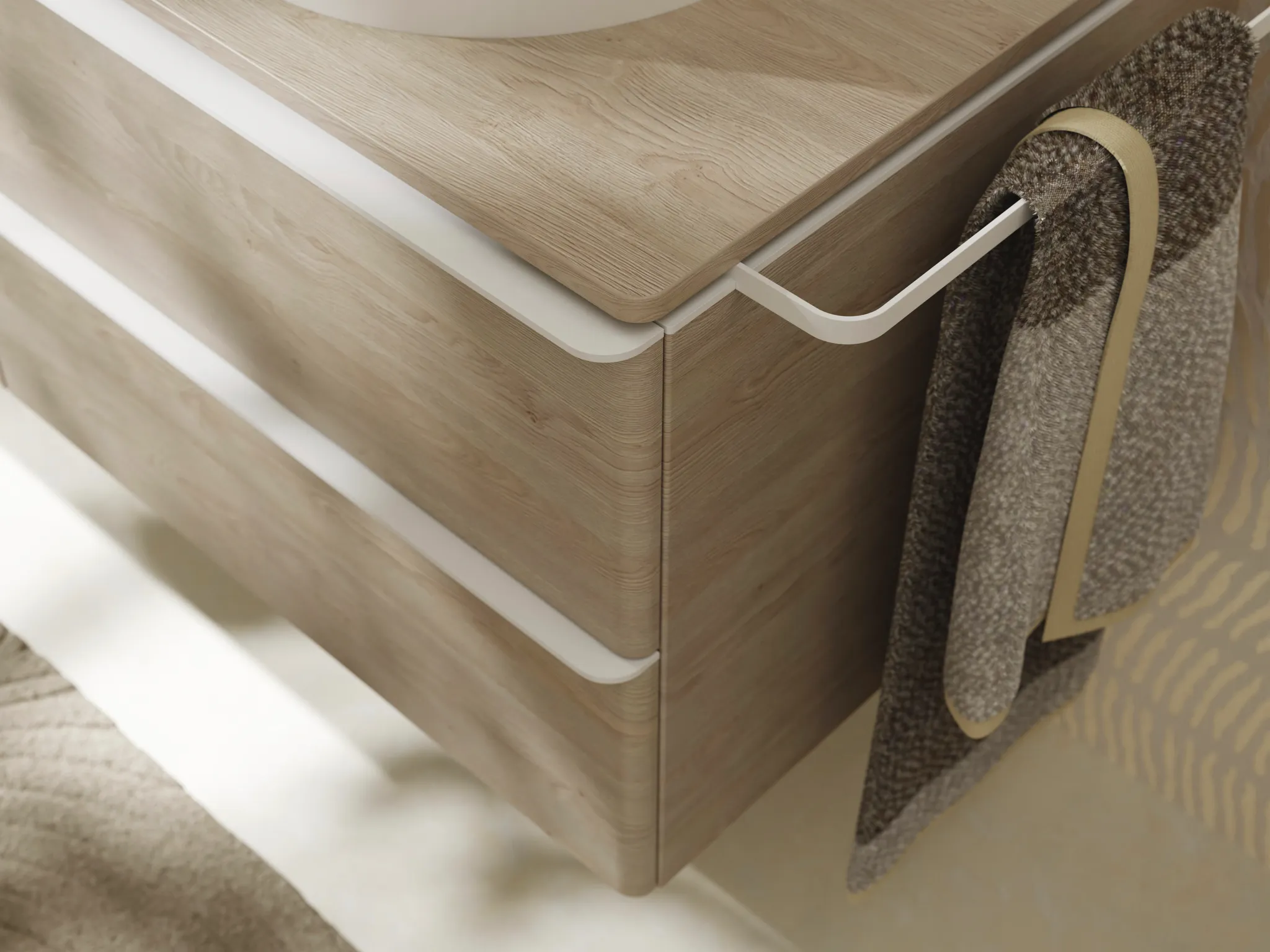 Hansgrohe Xelu Q Konsole in Eiche Natur, 1360x540 mm, mit 2 mittigen Ausschnitten für Aufsatzwaschtisch ohne Hahnloch Hansgrohe Xelu Q Konsole in Eiche Natur, 1360x540 mm, mit 2 mittigen Ausschnitten für Aufsatzwaschtisch ohne Hahnloch
