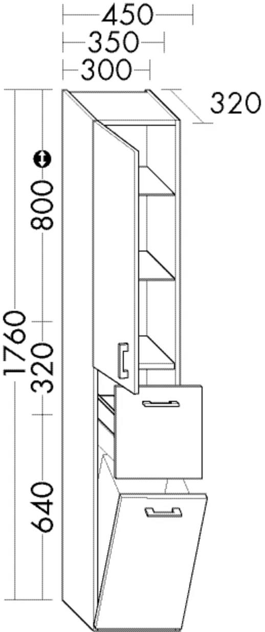 Hochschrank, 1 Tür;1 Auszug;1 Wäschekippe;2 Glaseinlegeböden;2 feste Böden, Tiefe: 320 mm, Breite: 300 mm, Höhe: 1760 mm
