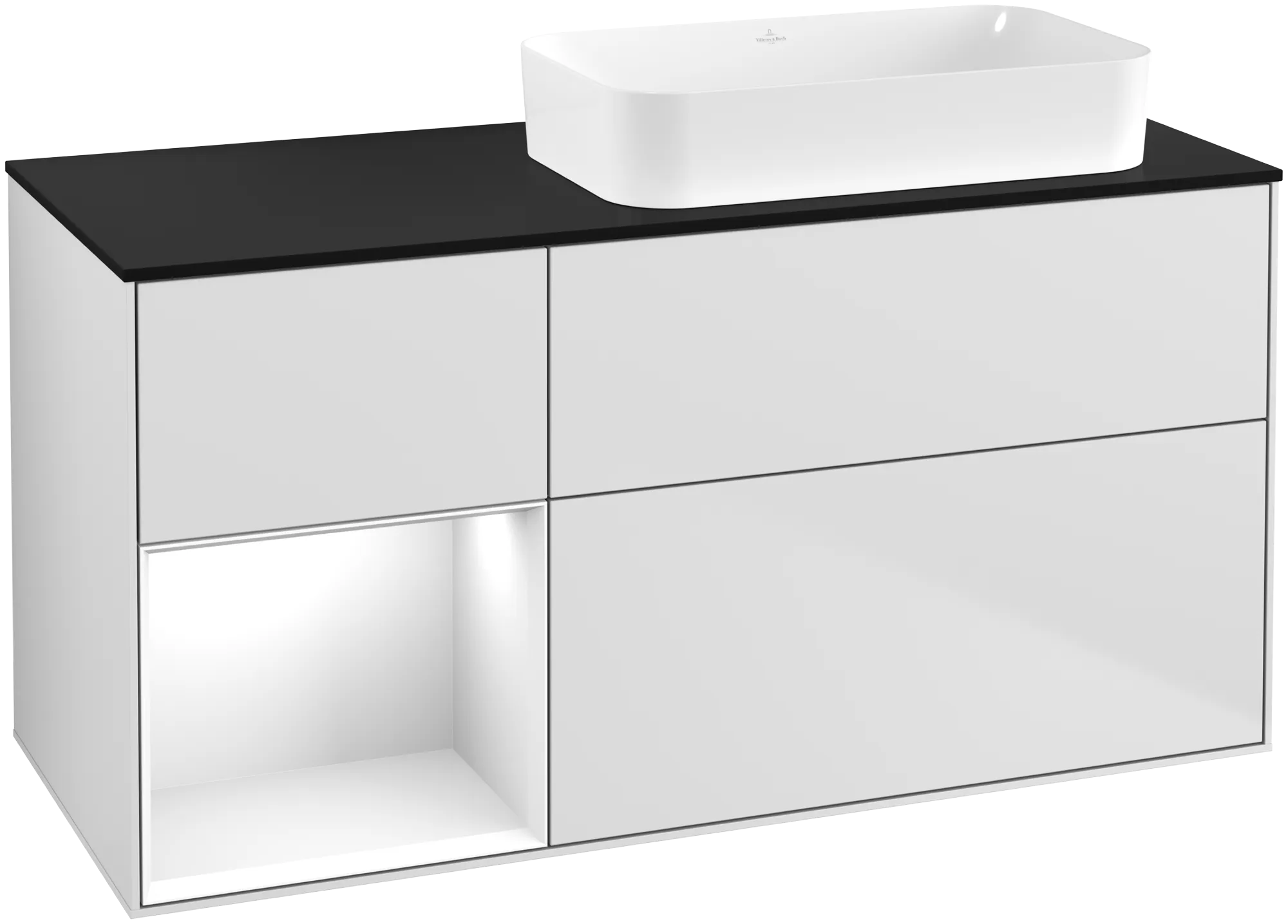 Villeroy & Boch Waschbeckenunterschrank Finion F68, 1200x603x501mm, White Matt Lacquer / Glossy White Lacquer / Glass Black Matt