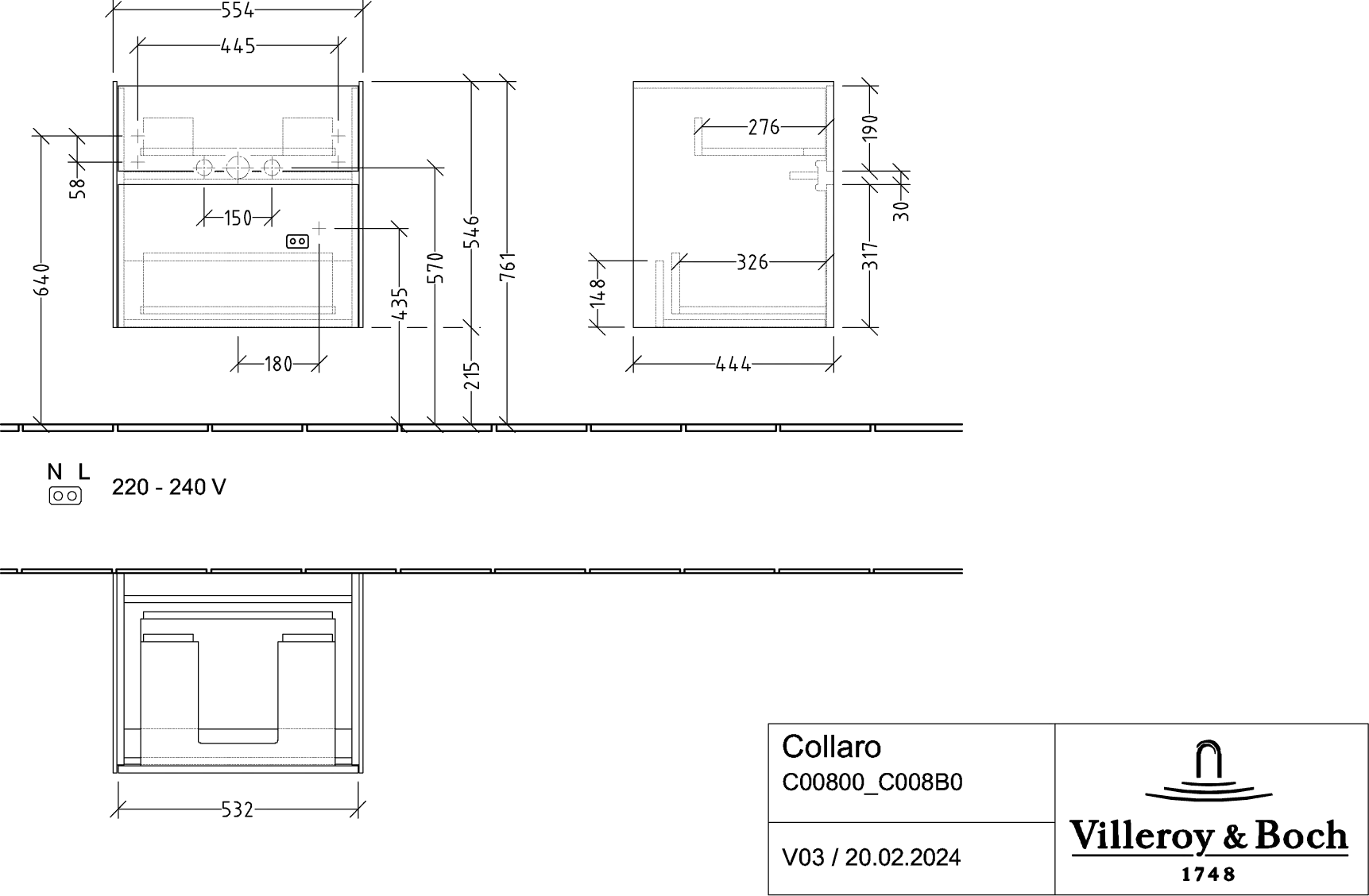 Villeroy & Boch Waschtischunterschrank „Collaro“ 554 × 546 × 444 mm Marine Blue, für Becken mittig, mit Beleuchtung, Soft Closing