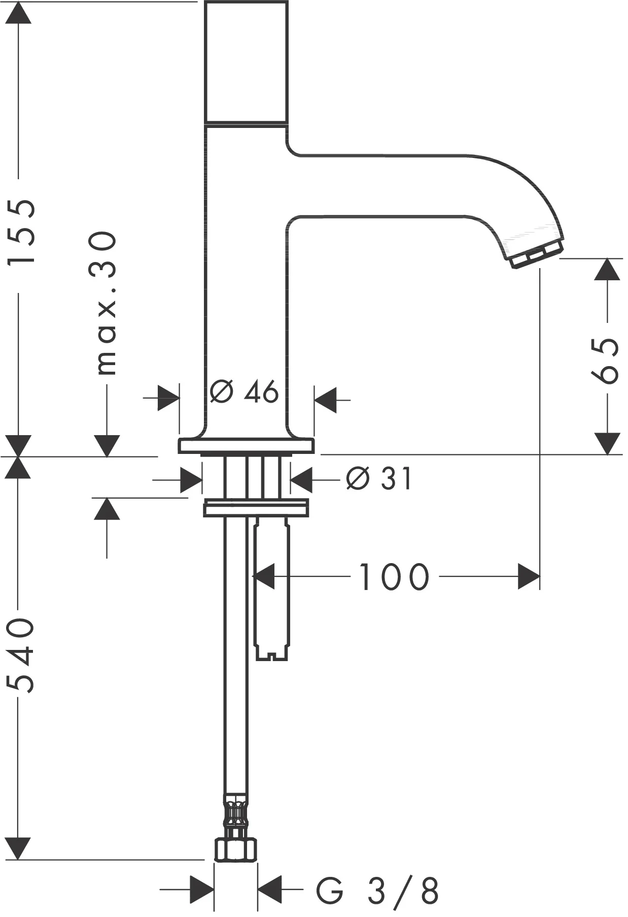 Hansgrohe AXOR Uno Standventil chrom, Festauslauf, max. Durchfluss 5 l/min, Auslaufhöhe 65 mm, Zylindergriff, DN15, G 3/8 Anschlussschlauch Hansgrohe AXOR Uno Standventil chrom, Festauslauf, max. Durchfluss 5 l/min, Auslaufhöhe 65 mm, Zylindergriff, DN15, G 3/8 Anschlussschlauch
