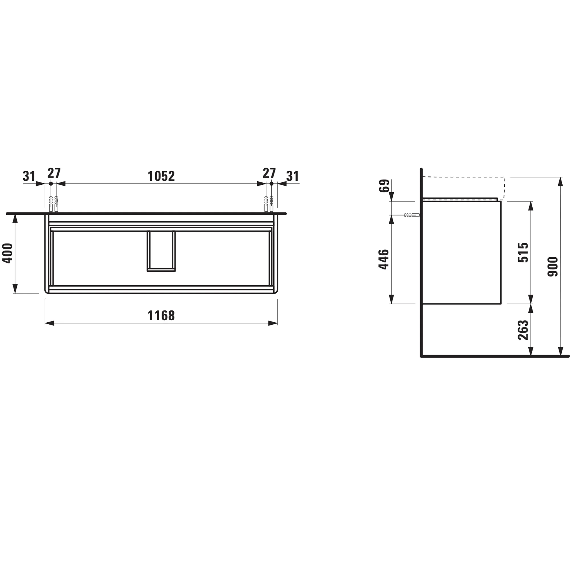 Waschtischunterbau BASE 2.0 für VAL 400x1168x515 2 Schubladen mit Griffmulde für Waschtisch H810289 weiß matt