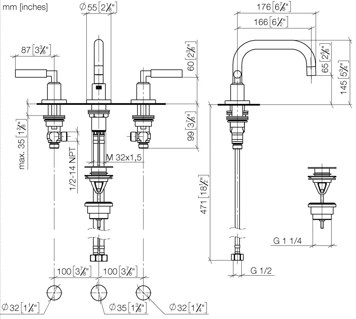 Dornbracht TARA Waschtisch-Dreilochbatterie mit Ablaufgarnitur Chrom Dornbracht TARA Waschtisch-Dreilochbatterie mit Ablaufgarnitur Chrom
