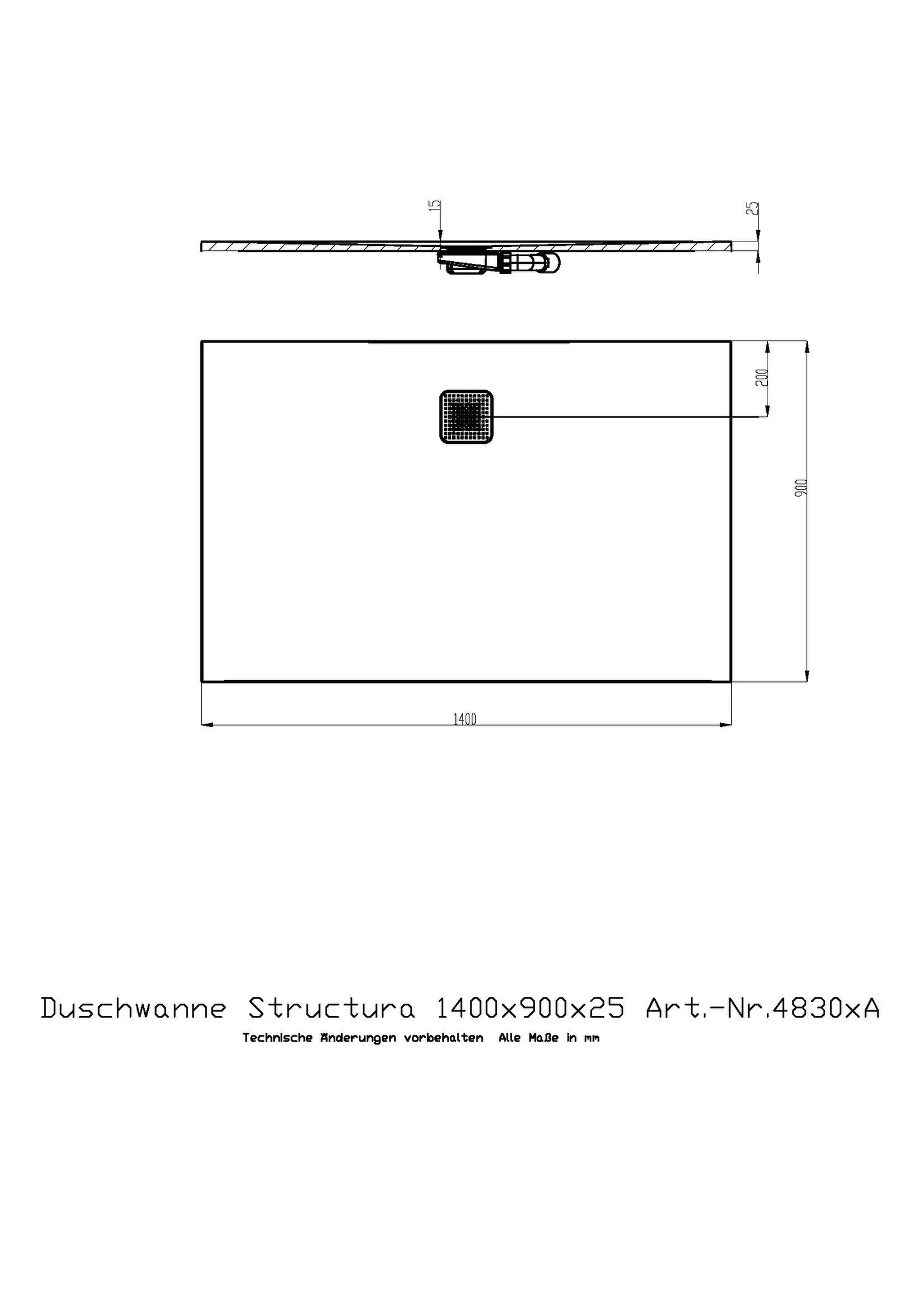 Duschwanne Structura 1400x900x25 in gesoftete Schieferoptik, mit Antirutsch B, Material Solique, Weiß