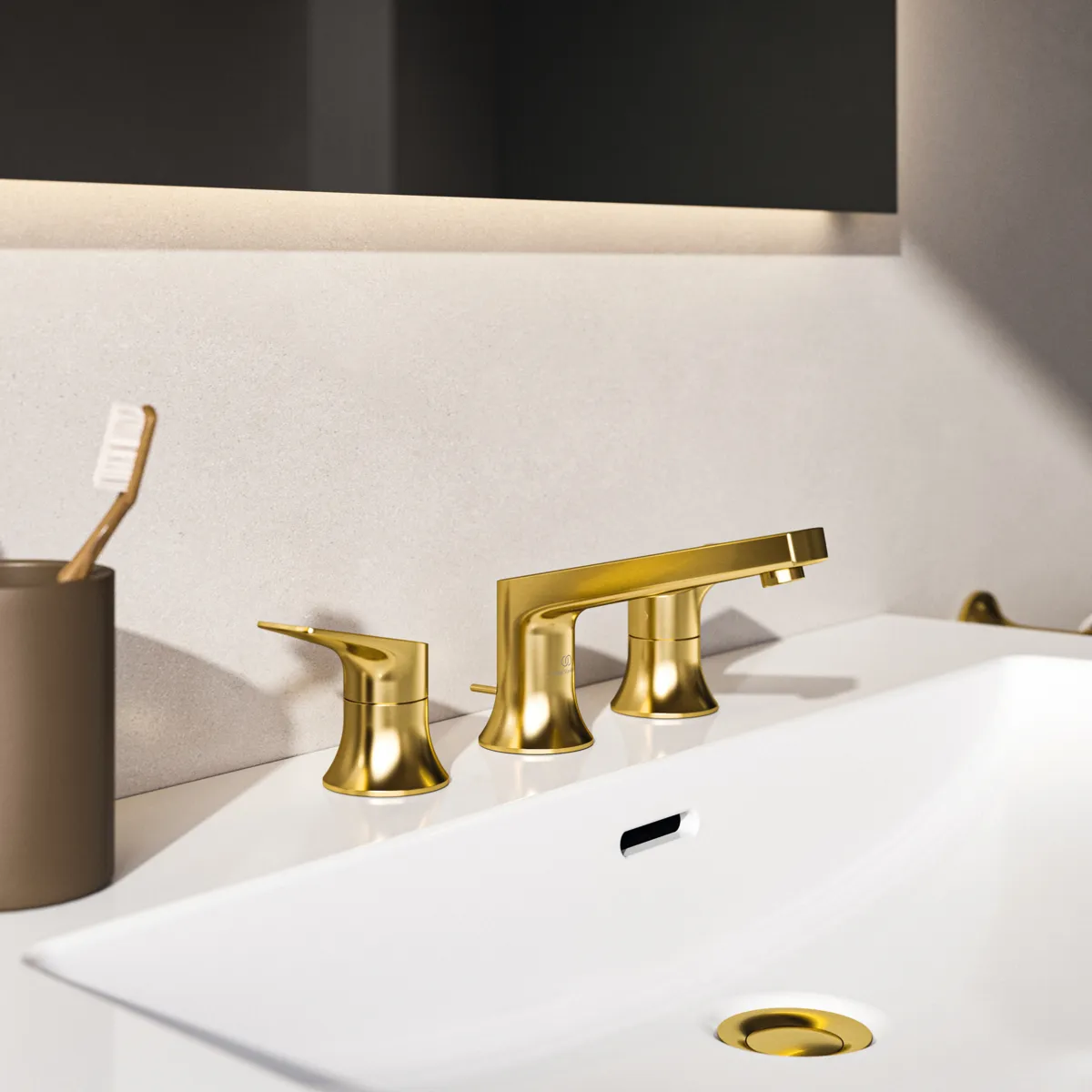 3-Loch-Waschtischarmatur La Dolce Vita mit Ablaufgarnitur Brushed Gold 3-Loch-Waschtischarmatur La Dolce Vita mit Ablaufgarnitur Brushed Gold