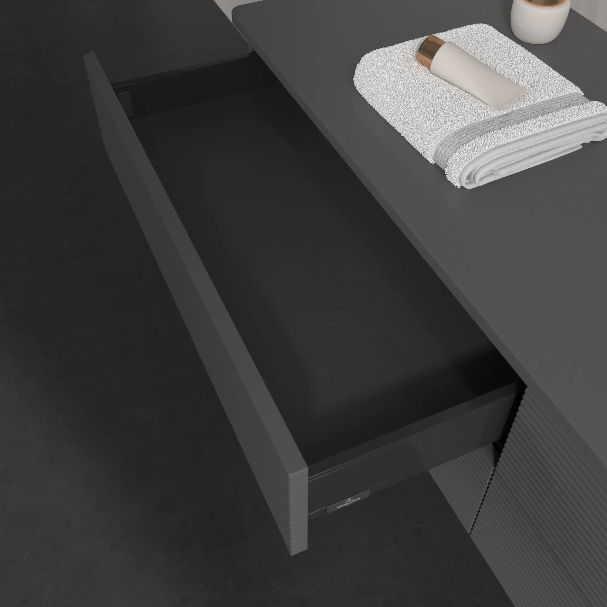 Villeroy & Boch Waschtischunterschrank „Antao“ 1600 × 360 × 500 mm Anthracite Matt Lacquer, für Becken rechts, ohne Beleuchtung Villeroy & Boch Waschtischunterschrank „Antao“ 1600 × 360 × 500 mm Anthracite Matt Lacquer, für Becken rechts, ohne Beleuchtung