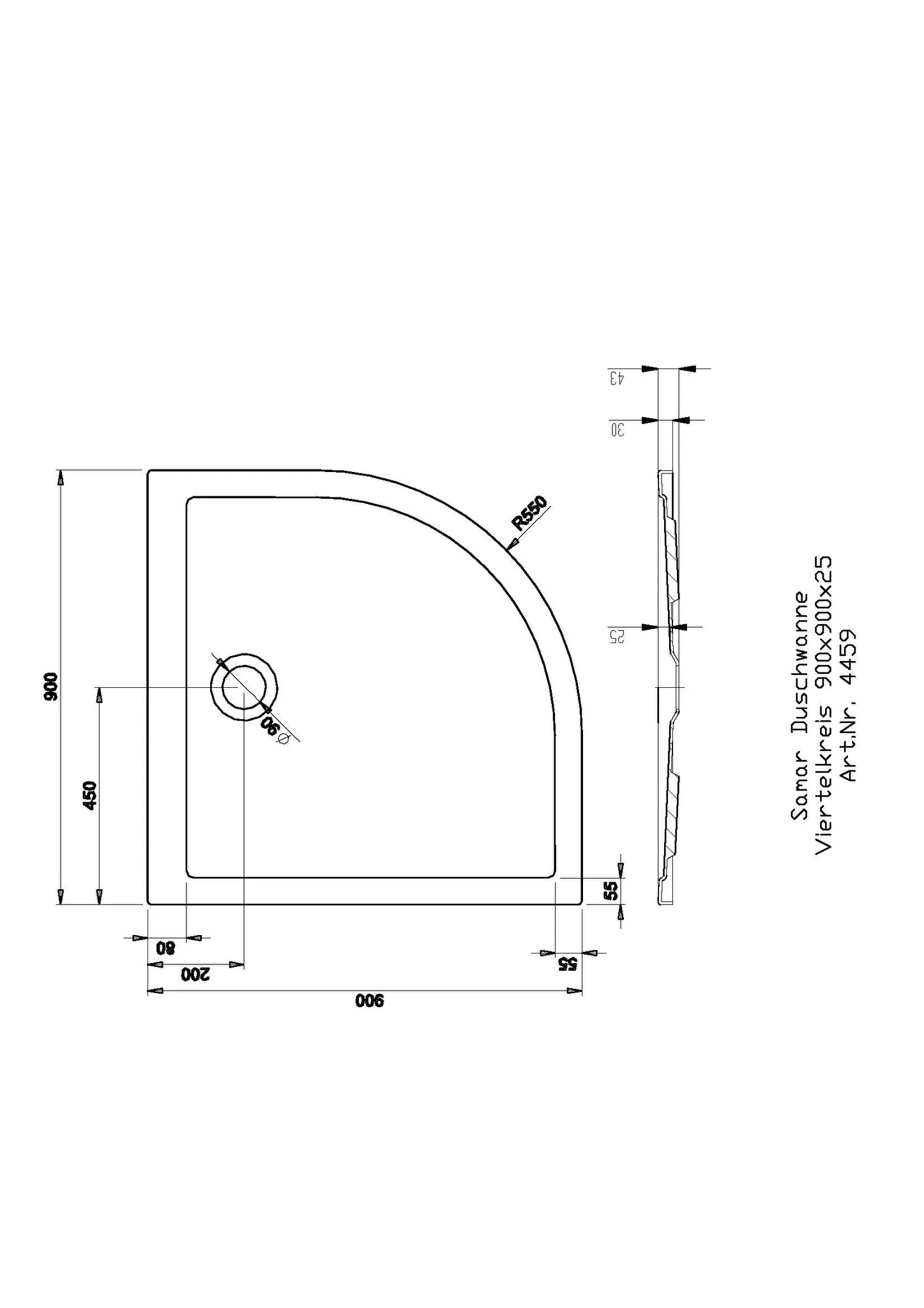 Hoesch Samar Duschwanne Viertelkreis 900x900x20 Weiß Hoesch Samar Duschwanne Viertelkreis 900x900x20 Weiß