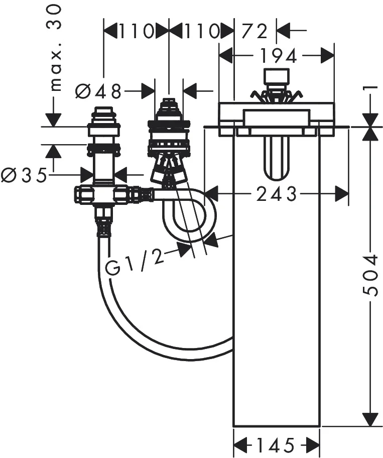 Hansgrohe AXOR 3-Loch Wannenarmatur Grundkörper für Wannenrandmontage, Lochbohrung 35 mm / 50 mm, max. Fliesenhöhe 0–30 mm, Anschluss DN15, Schlauchlänge 600 mm
