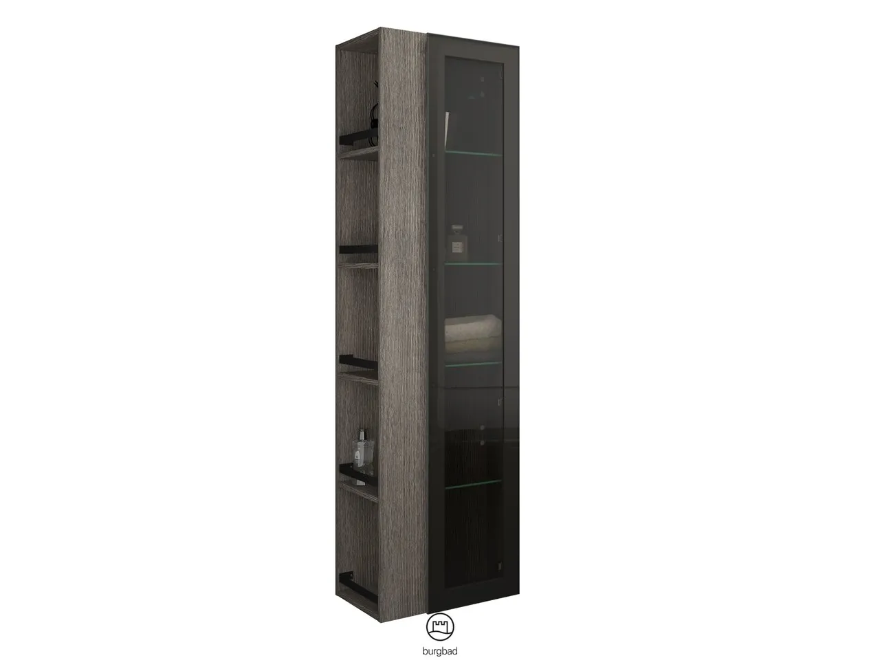 Hochschrank Yumo von burgbad - 320 mm tief, 500 mm breit, 1760 mm hoch mit Rauchglaseinsatz in Bronze und offenem Regal Hochschrank Yumo von burgbad - 320 mm tief, 500 mm breit, 1760 mm hoch mit Rauchglaseinsatz in Bronze und offenem Regal