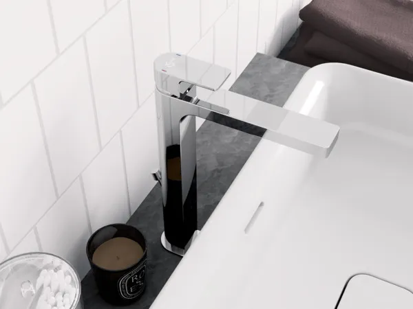 Waschtischarmatur Edge, mit verlängertem Sockel, 5 l/min., mit Ablaufgarnitur, Ausladung 165mm, Chrom Waschtischarmatur Edge, mit verlängertem Sockel, 5 l/min., mit Ablaufgarnitur, Ausladung 165mm, Chrom