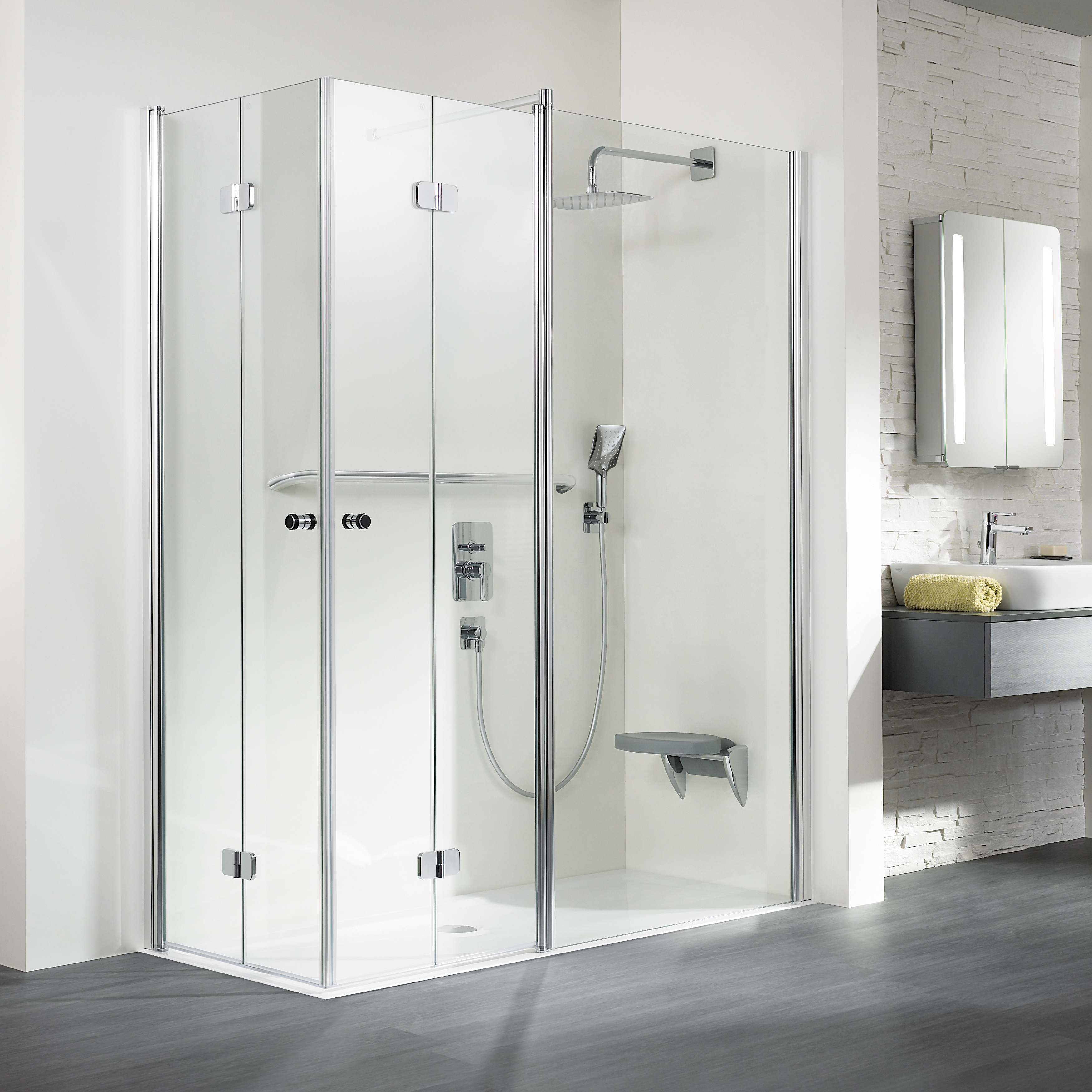 HSK teilgerahmte Eckeinstieg pendelbar mit Festelement „Exklusiv 2.0“ Glas Mattglas, Profile Alu Silber-matt, Scharniere Premium Softcube, H: 2000 mm HSK teilgerahmte Eckeinstieg pendelbar mit Festelement „Exklusiv 2.0“ Glas Mattglas, Profile Alu Silber-matt, Scharniere Premium Softcube, H: 2000 mm