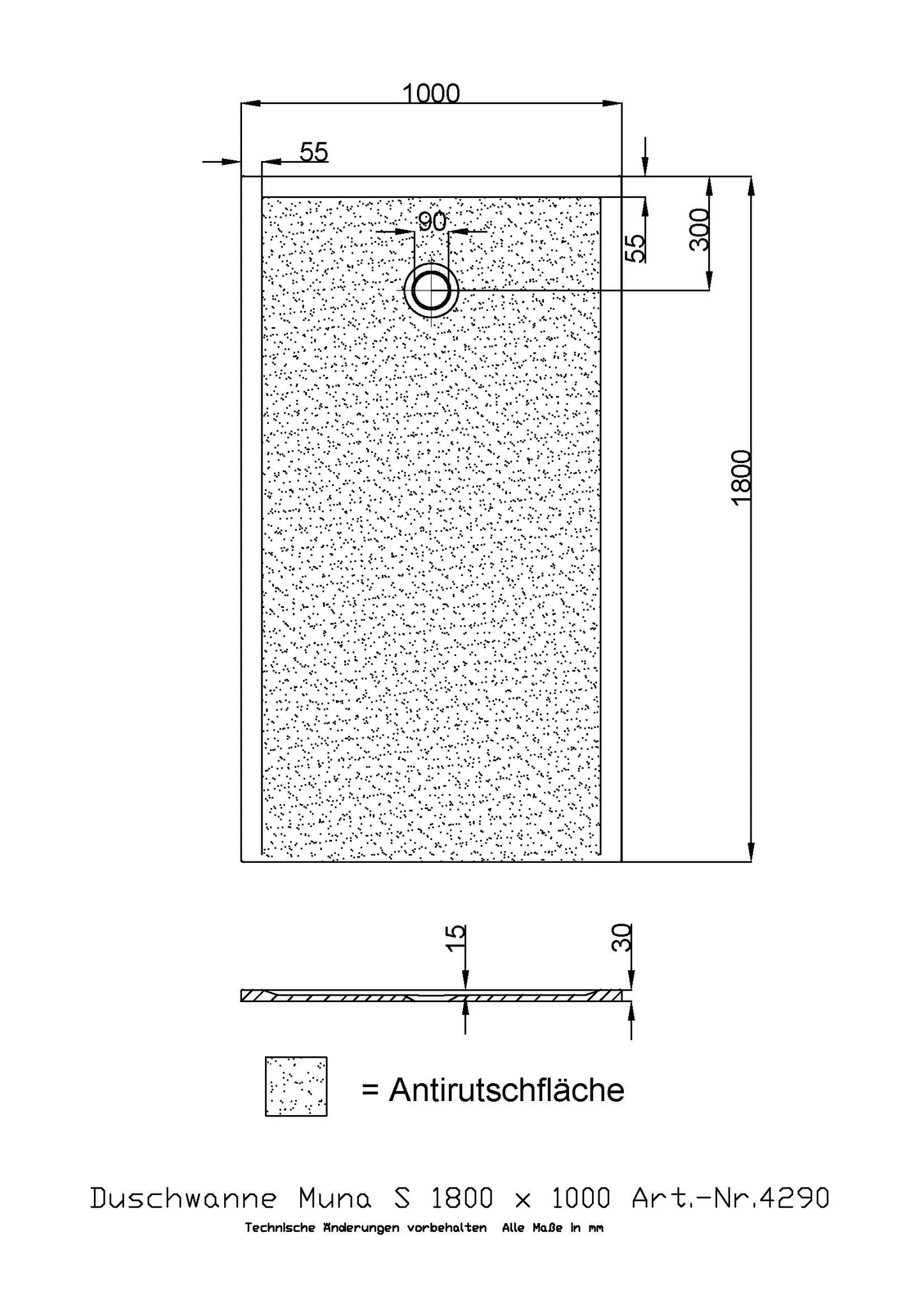 Duschwanne Muna S 1800x1000x30 mit Antirutsch, Material Solique, weiß Duschwanne Muna S 1800x1000x30 mit Antirutsch, Material Solique, weiß