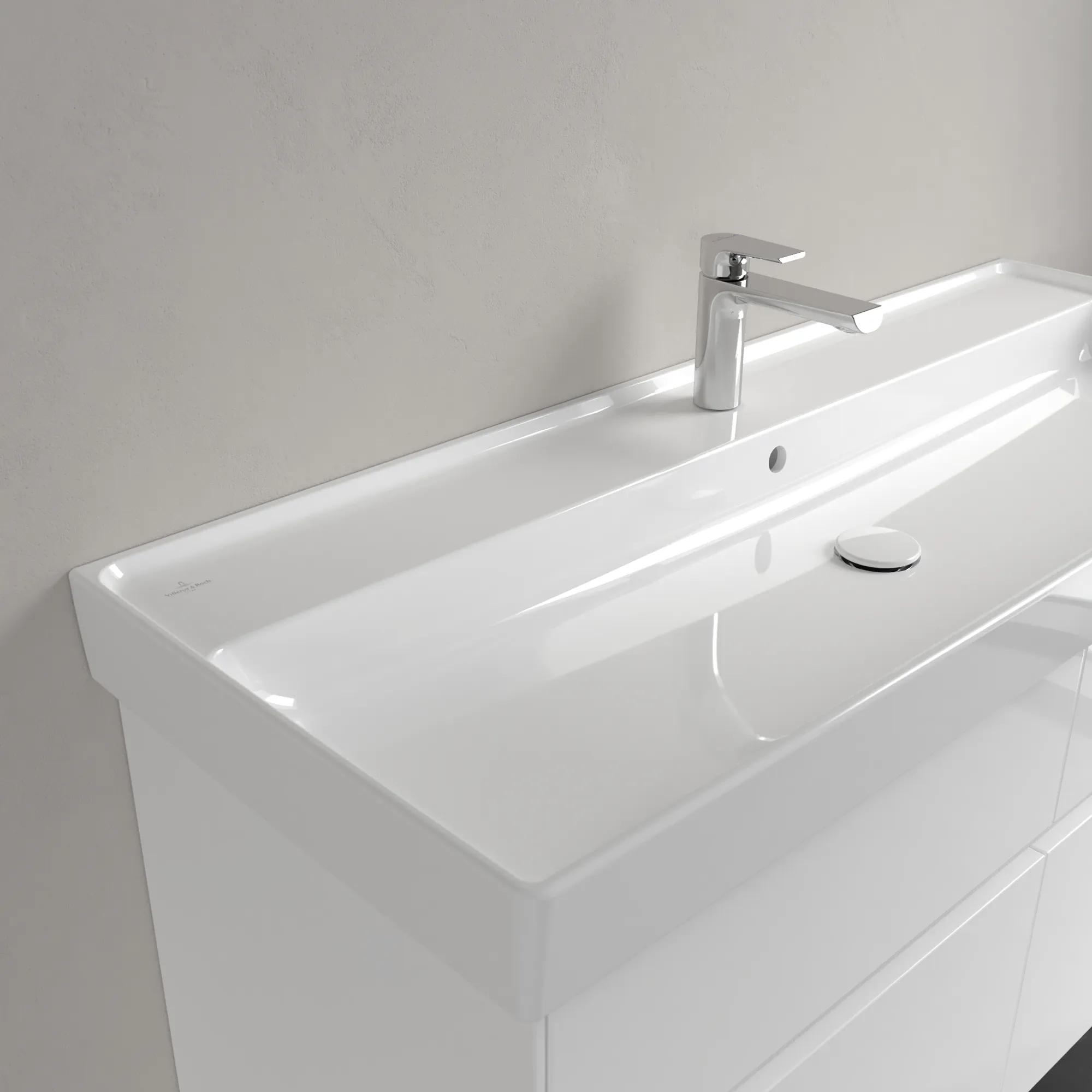 Villeroy & Boch Schrankwaschtisch aus TitanCeram „Collaro“ 1200 × 470 × 160 mm, mit Hahnlochbohrung, Hahnlochposition mittig in Weiß Alpin Villeroy & Boch Schrankwaschtisch aus TitanCeram „Collaro“ 1200 × 470 × 160 mm, mit Hahnlochbohrung, Hahnlochposition mittig in Weiß Alpin