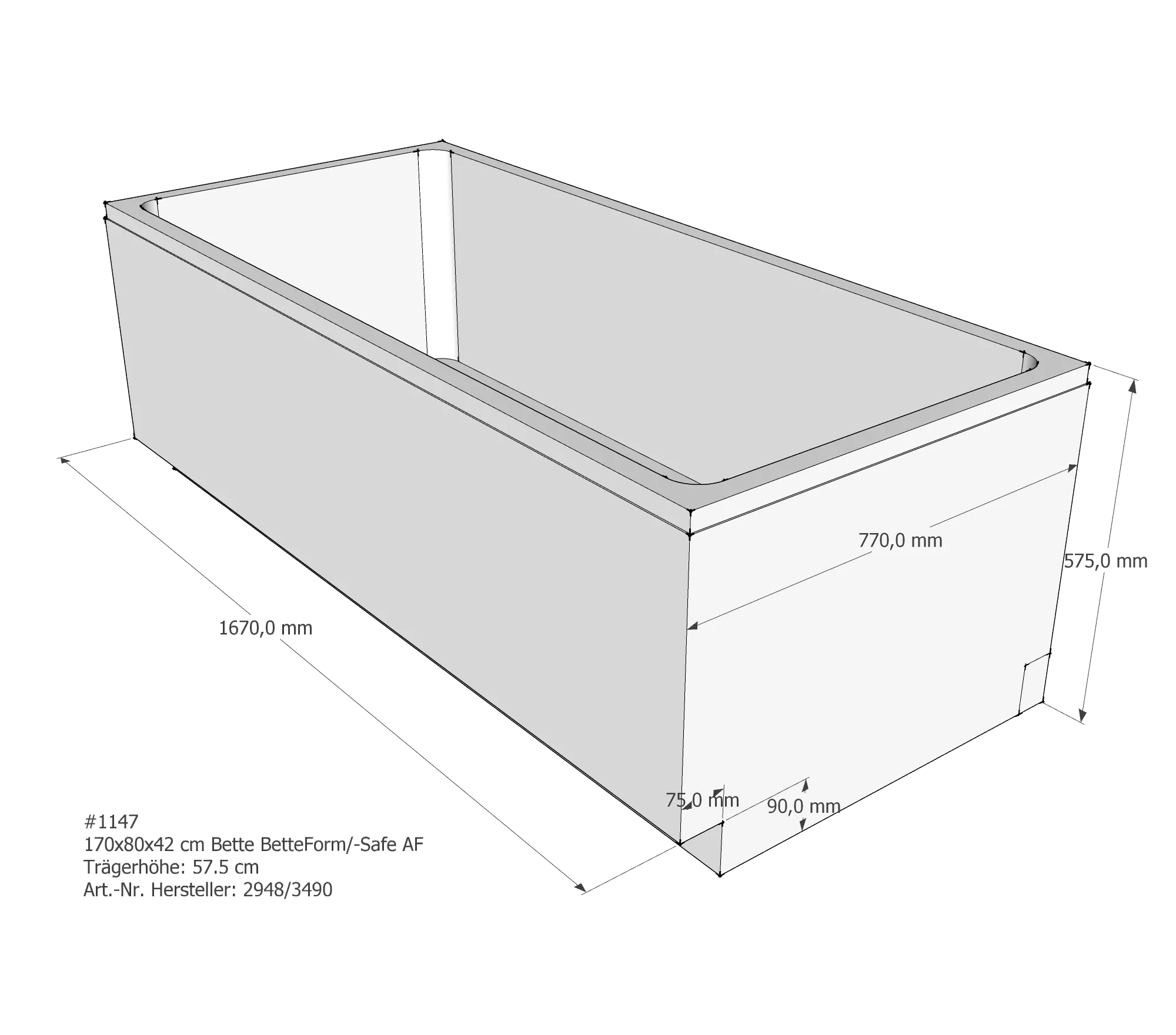 Badewannenträger für Bette BetteForm 170 × 80 × 42 cm Breite: 80 cm / Länge: 170 cm