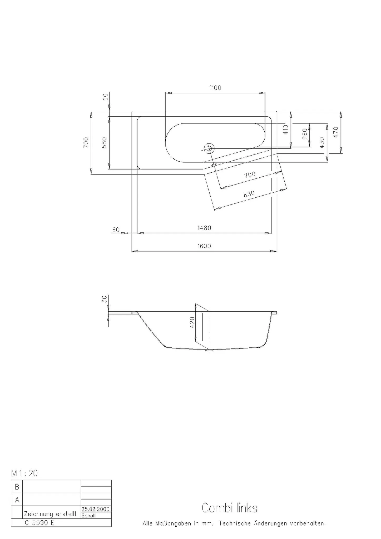 Hoesch Badewanne „Combi“ trapez 160 × 70 cm, links in Weiß
