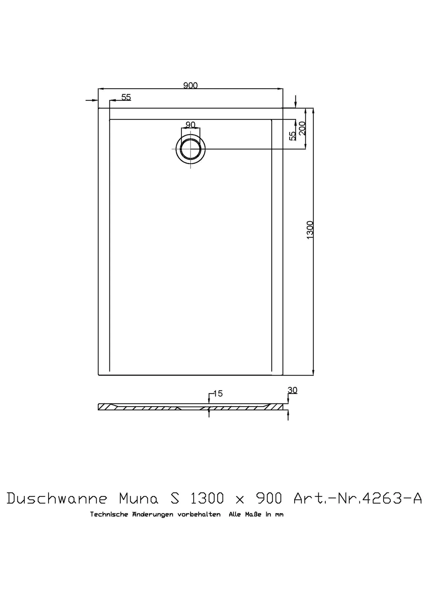 Hoesch Muna S Duschwanne Mineralguss Solique Schiefergrau 1300x900x30