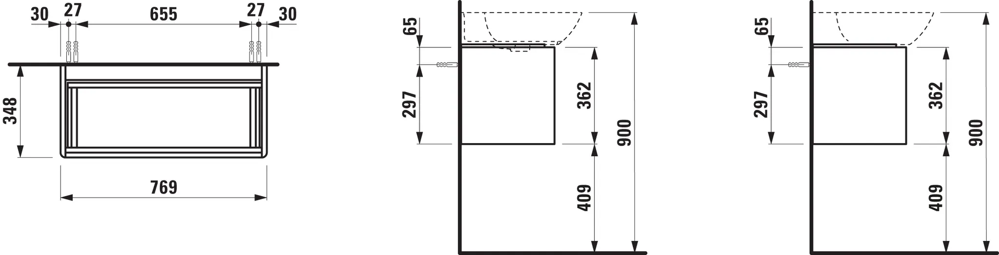 Waschtischunterbau BASE für INO 339x317x515 1 Schublade mit Griff aluminium eloxiert für Waschtische H813301/2 weiß matt