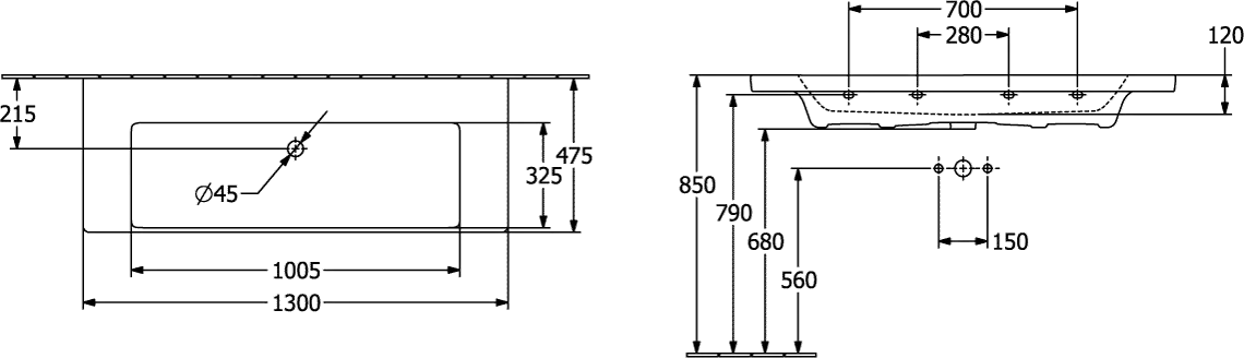 Villeroy & Boch Wandwaschtisch aus TitanCeram „Subway 3.0“ 1300 × 475 × 170 mm, ohne Hahnlochbohrung in Weiß Alpin Villeroy & Boch Wandwaschtisch aus TitanCeram „Subway 3.0“ 1300 × 475 × 170 mm, ohne Hahnlochbohrung in Weiß Alpin