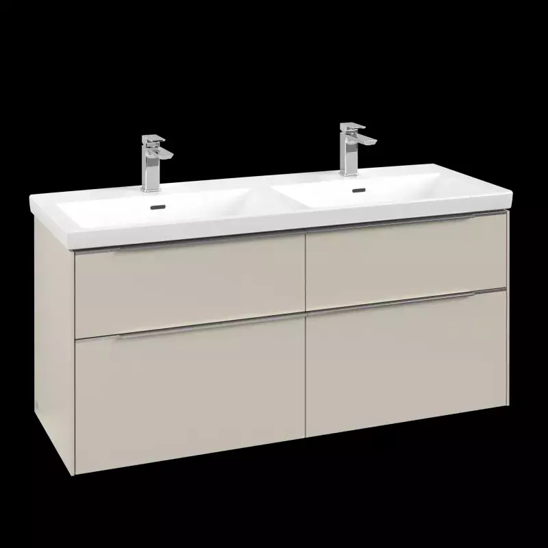 Villeroy & Boch Set-Möbelset aus Spiegelschrank, Doppelwaschtisch, Unterschrank und Hochschrank in Cashmere Grey