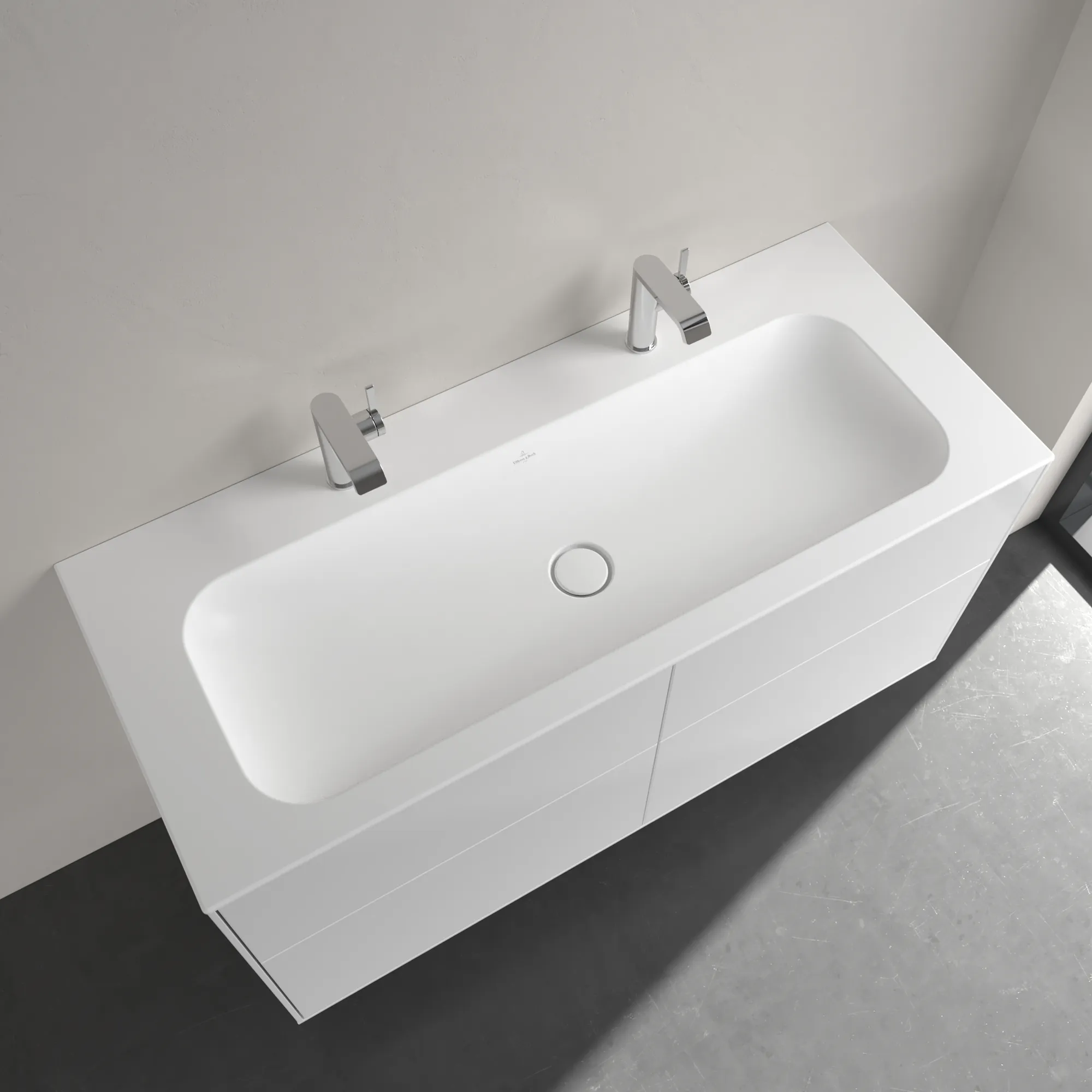Villeroy & Boch Schrankwaschtisch aus TitanCeram „Finion“ 1200 × 500 × 160 mm, Hahnlochposition links und rechts, mit Hahnlochbohrung in Stone White, mit CeramicPlus