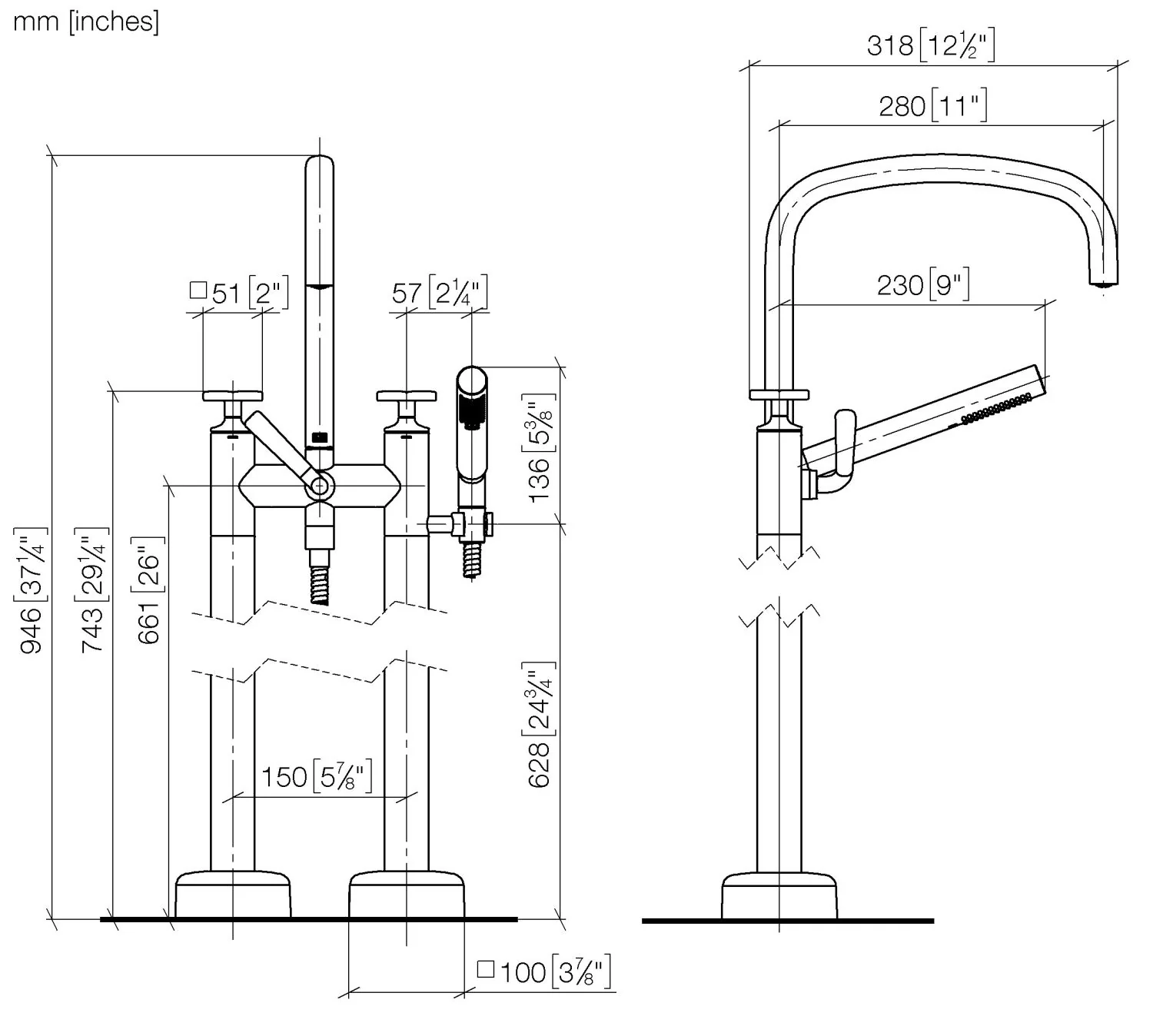 Dornbracht COYA Wannen-Zweilochbatterie Chrom, freistehende Montage, Ausladung 280 mm, Höhe 946 mm, Schubrosetten Ø 100 mm Dornbracht COYA Wannen-Zweilochbatterie Chrom, freistehende Montage, Ausladung 280 mm, Höhe 946 mm, Schubrosetten Ø 100 mm