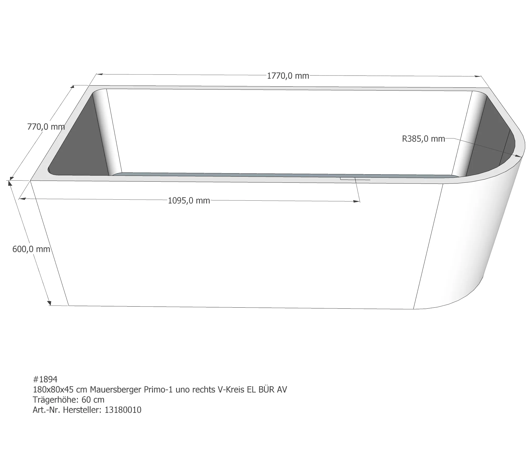 Badewannenträger passend für Mauersberger Primo 1 rechts uno rechts 180 × 80 × 45 cm