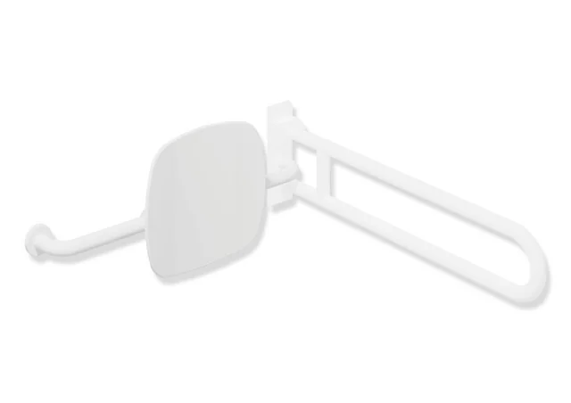 HEWI Rückensupport, Serie 805 Classic, Edelstahl pulverbeschichtet, Signalweiß tiefmatt, Breite 650–750 mm, Tiefe 150 mm, Lehne 334 mm hoch, einseitig Wandmontage (rechts) oder Stützklapp-/Wandstützgriff (links)