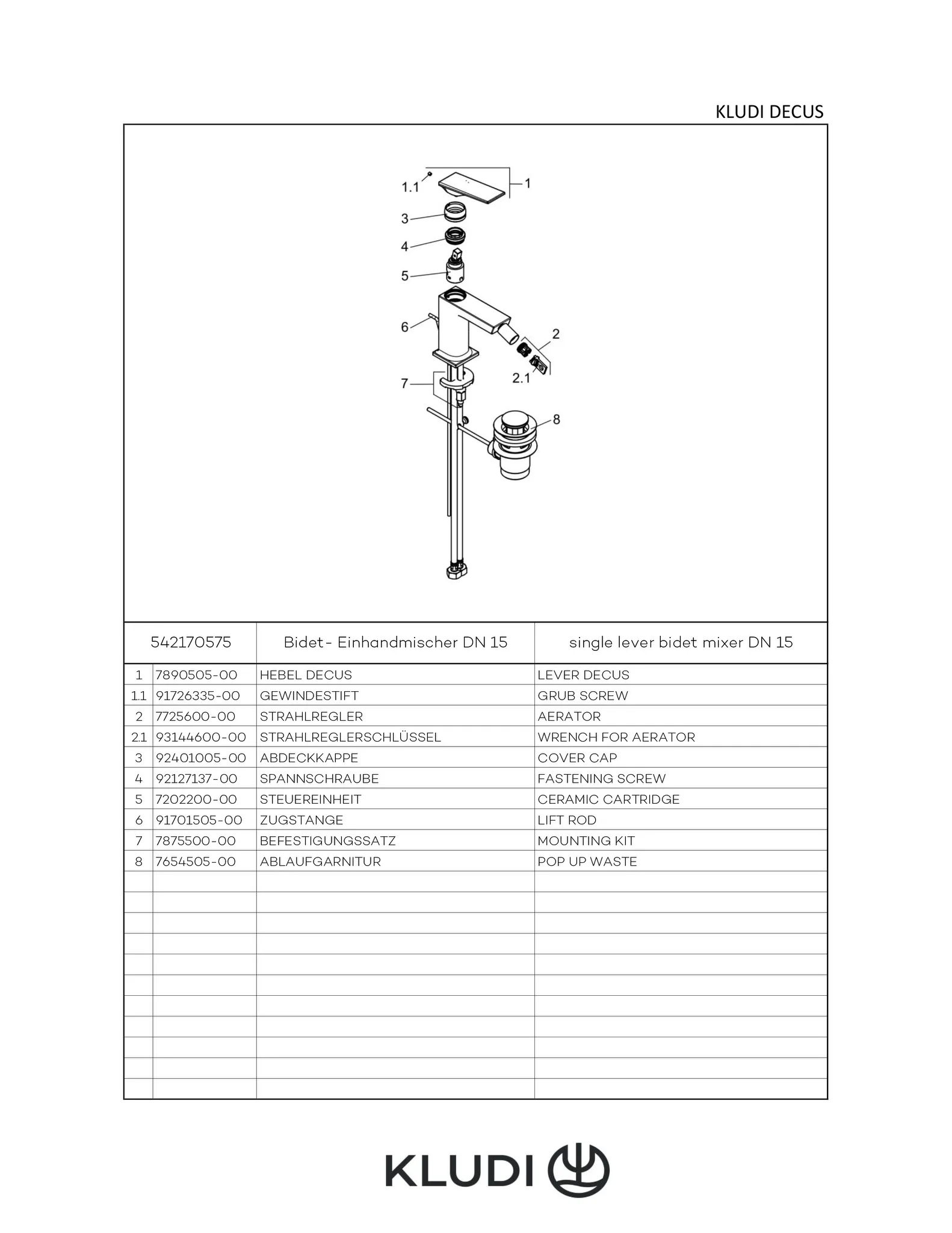 Kludi DECUS Bidet-Einhandmischer DN 15 chrom Kludi DECUS Bidet-Einhandmischer DN 15 chrom