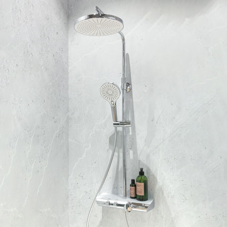 HSK Shower-Set Duschsystem „AquaXPro 200 Thermostat“ Sicherheitsthermostat-Armatur mit Echtglasablage Farbe: Chrom / Glas: Weiß / Kopfbrause: Rund, flach (⌀ 250 × 8 mm) HSK Shower-Set Duschsystem „AquaXPro 200 Thermostat“ Sicherheitsthermostat-Armatur mit Echtglasablage Farbe: Chrom / Glas: Weiß / Kopfbrause: Rund, flach (⌀ 250 × 8 mm)