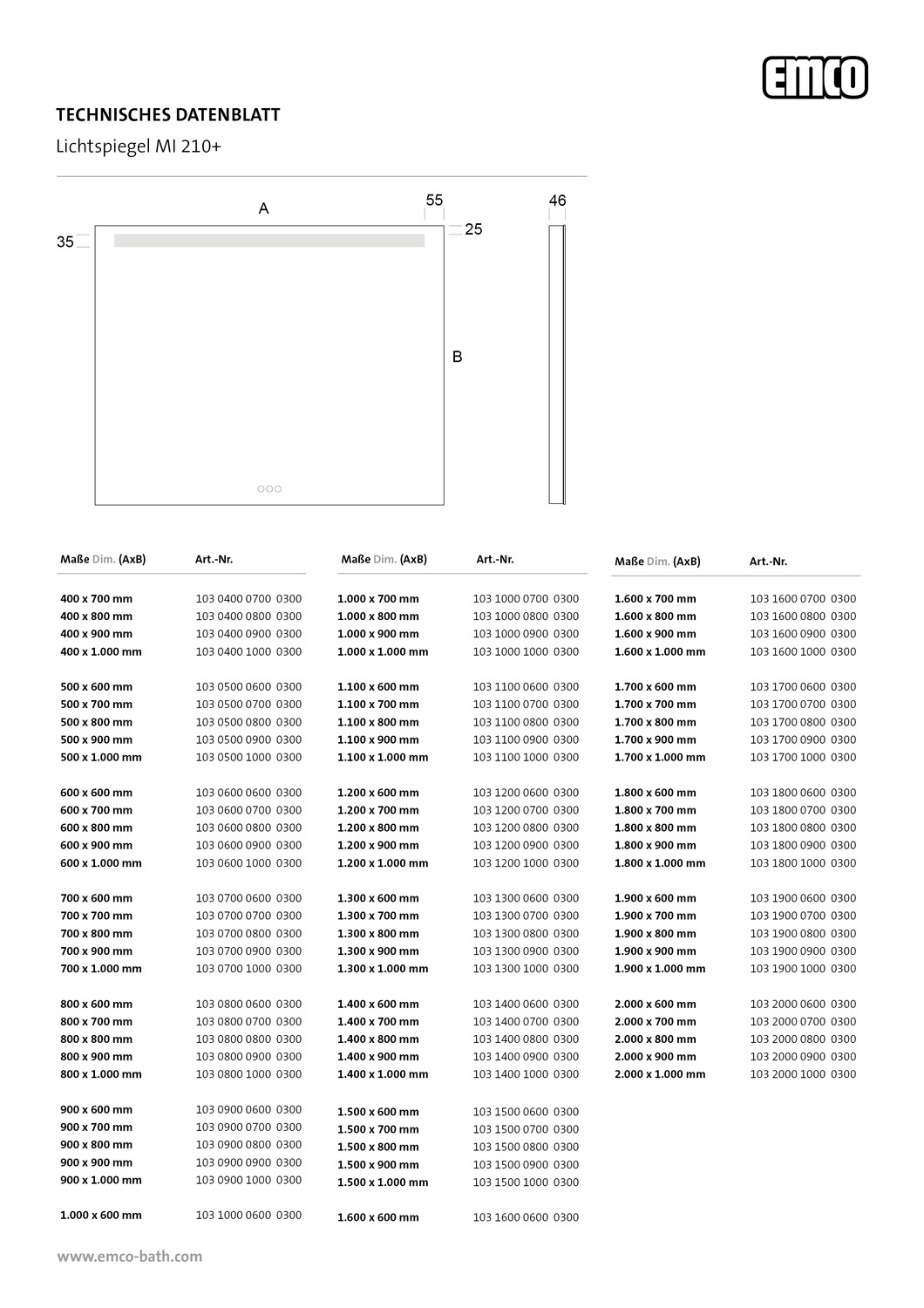 emco Lichtspiegel mit Touch-Bedienfeld „MI 210+“ 40 × 70 cm