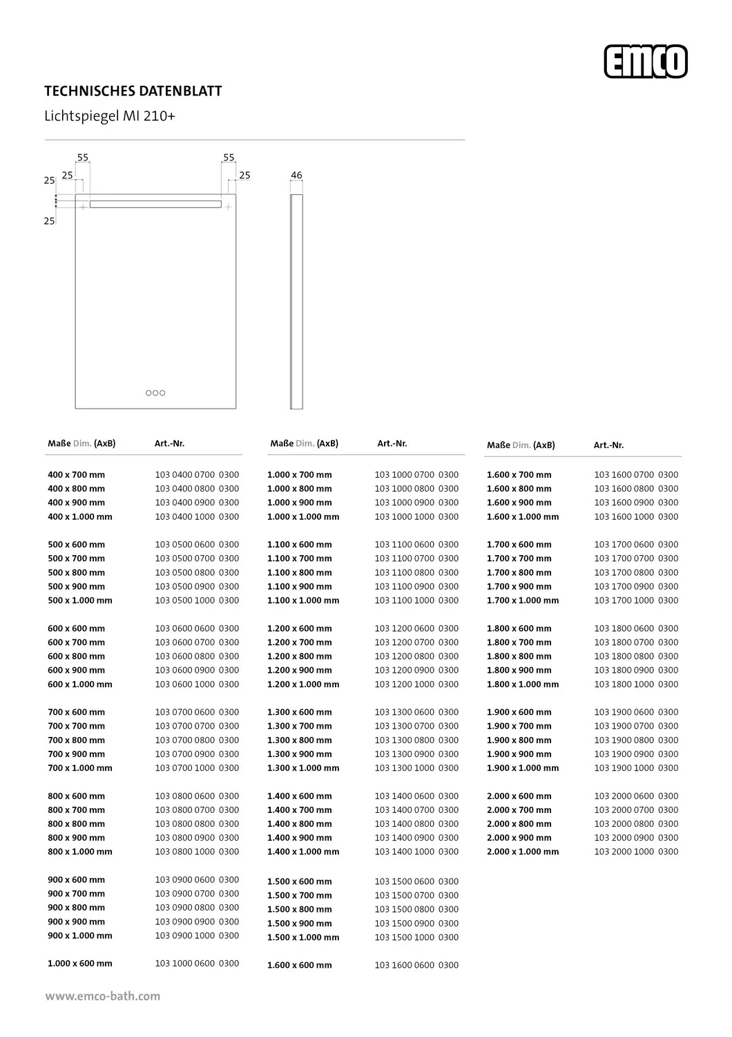 emco Lichtspiegel mit Touch-Bedienfeld „MI 210+“ 80 × 90 cm