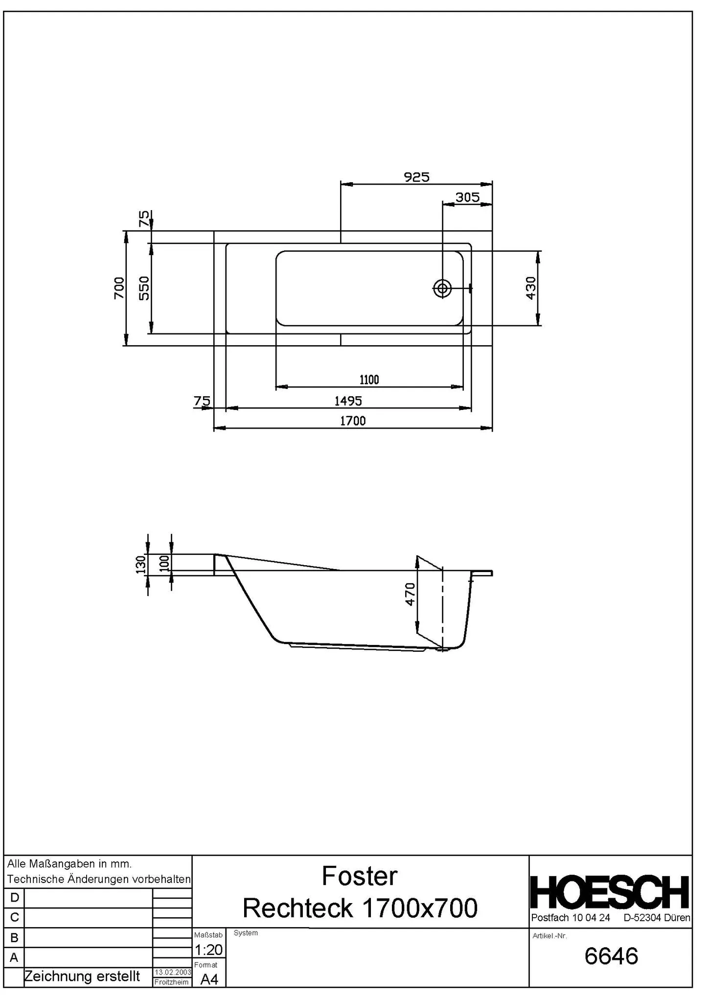 Hoesch Badewanne „Foster“ rechteck 170 × 70 cm