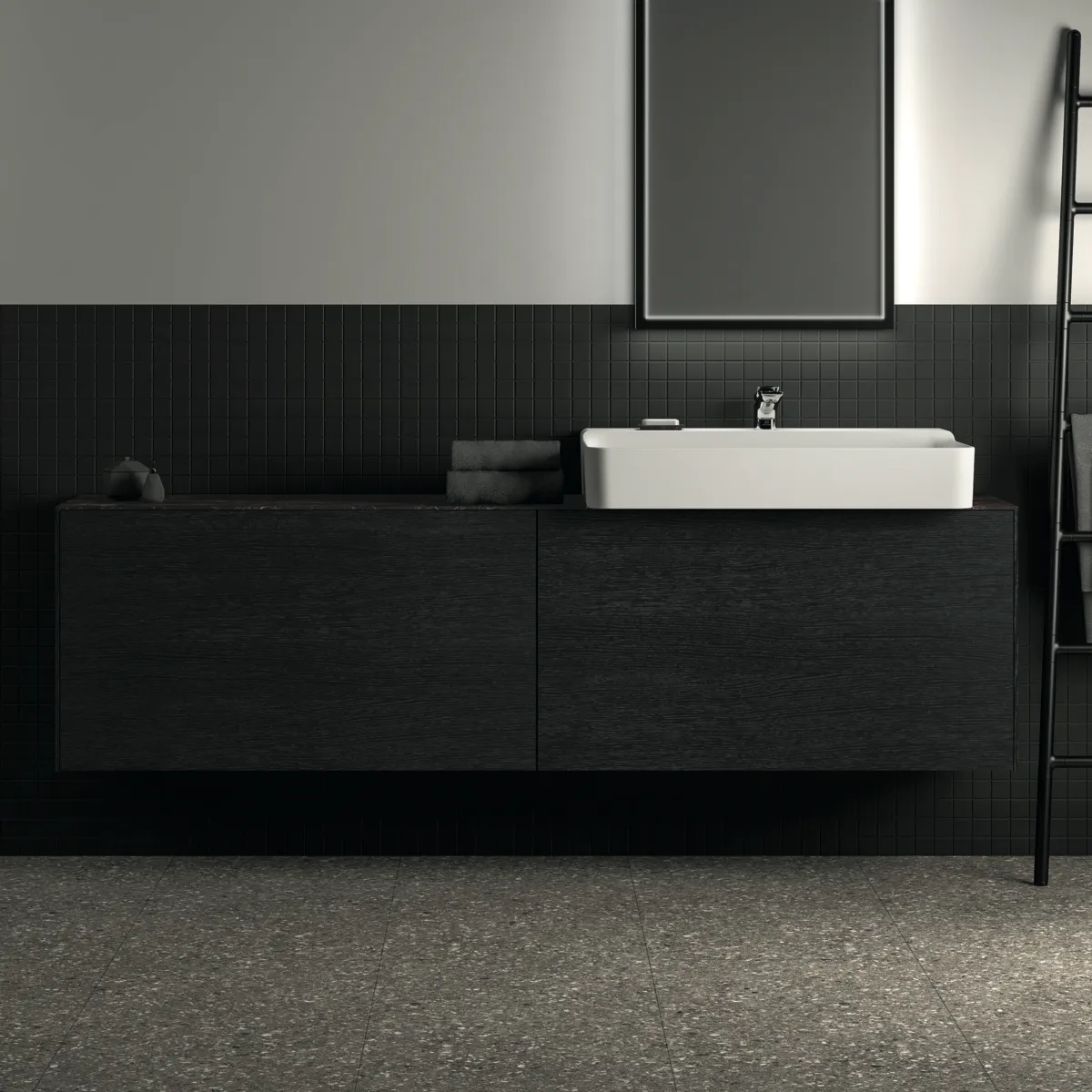 Waschtischplatte Conca, aus Keramik, 1987x373x6mm, Marmor Noir Desir