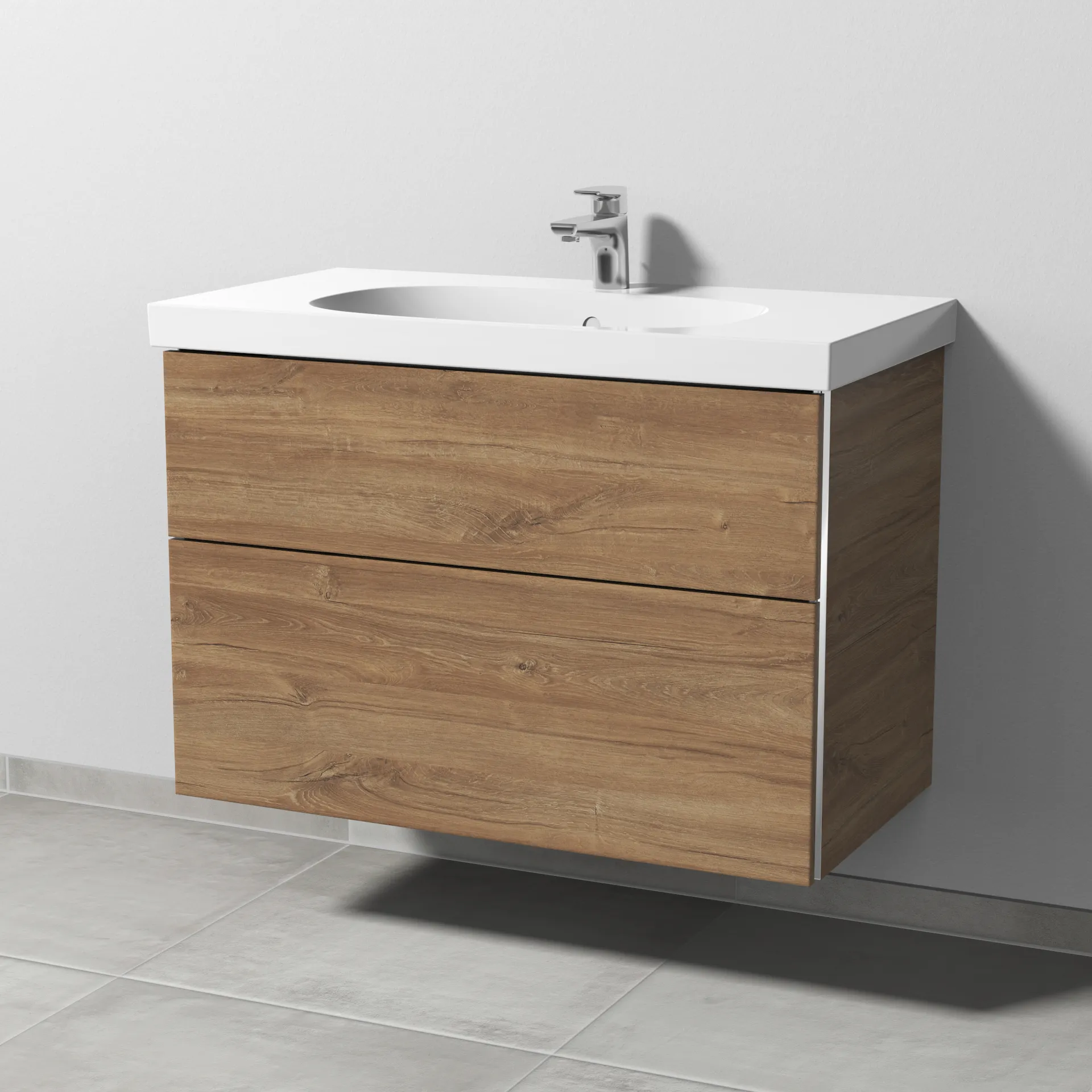 Sanipa Waschtischunterschrank „3way“ passend zu Keramik-Waschtische Acanto von Geberit 870 × 586 × 467 mm in Eiche Kansas, mit Hahnlochbohrung, Becken