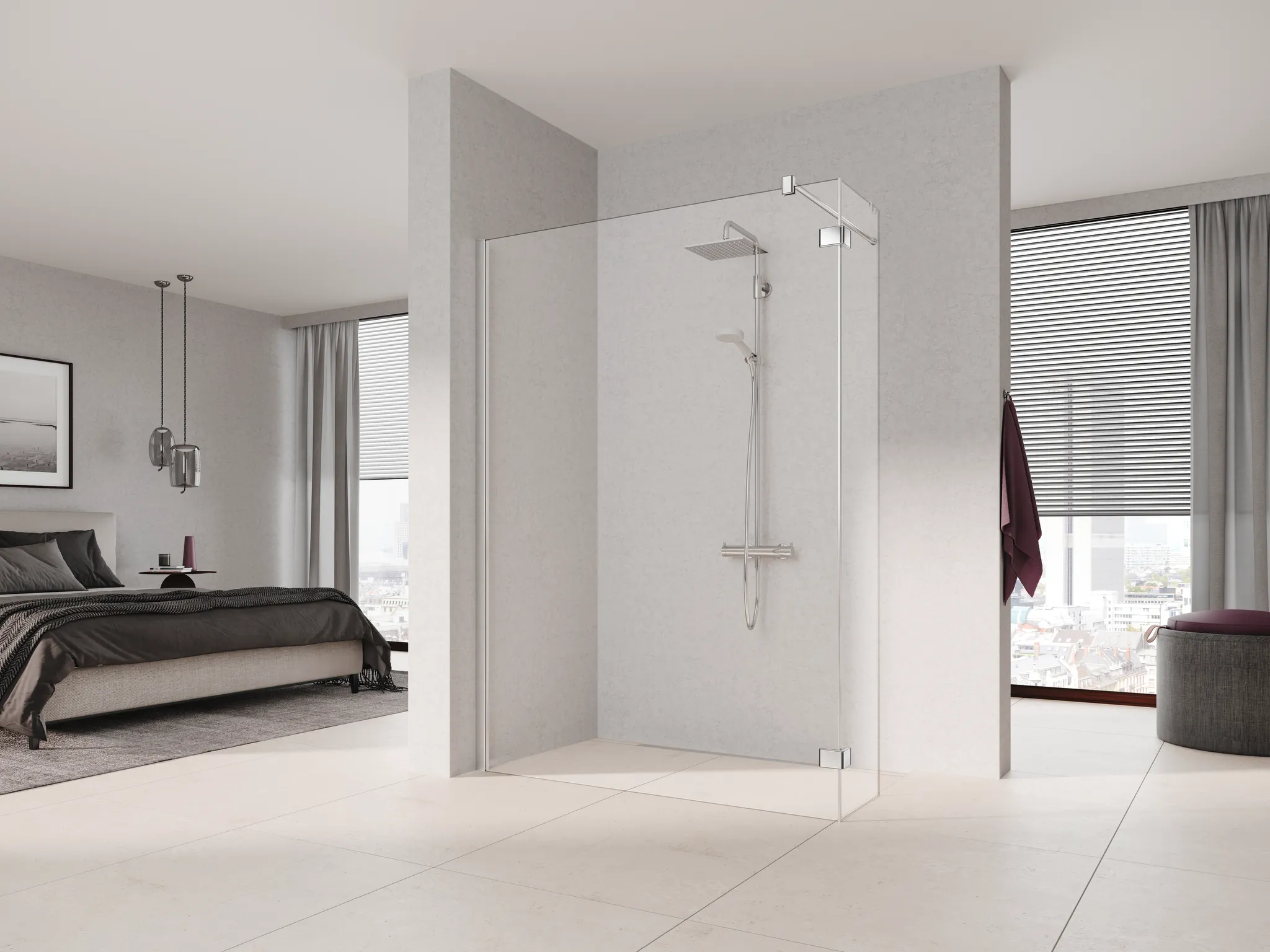 Kermi Duschdesign Walk-In-Duschkabine mit Wandprofil mit Festfeld im Winkel links „MENA“ Glas Klar, Profile Silber Hochglanz, BV: 775 - 795 mm GAK: 760 - 780 mm WE: 785 - 805 mm H: 2000 mm