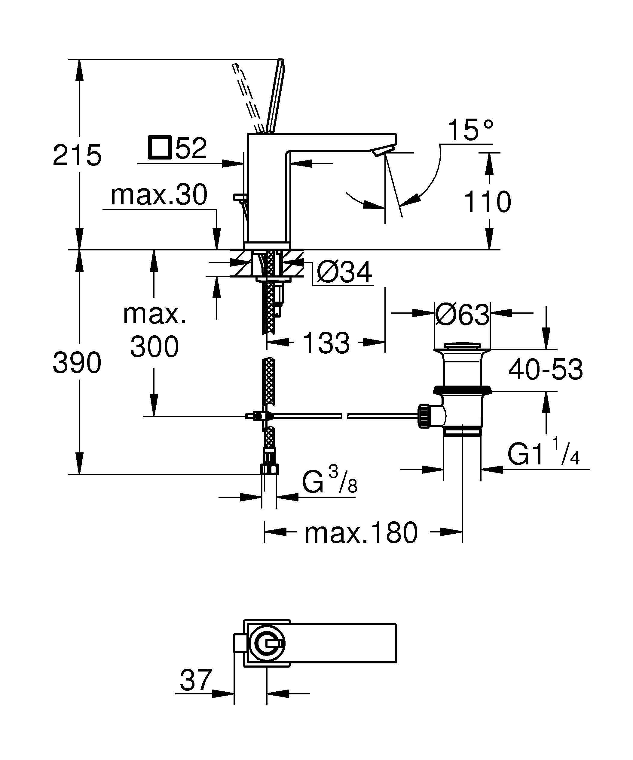 Einhand-Waschtischbatterie Eurocube Joy 23657, M-Size, Einlochmontage, Zugstangen-Ablaufgarnitur 1 1/4'', chrom