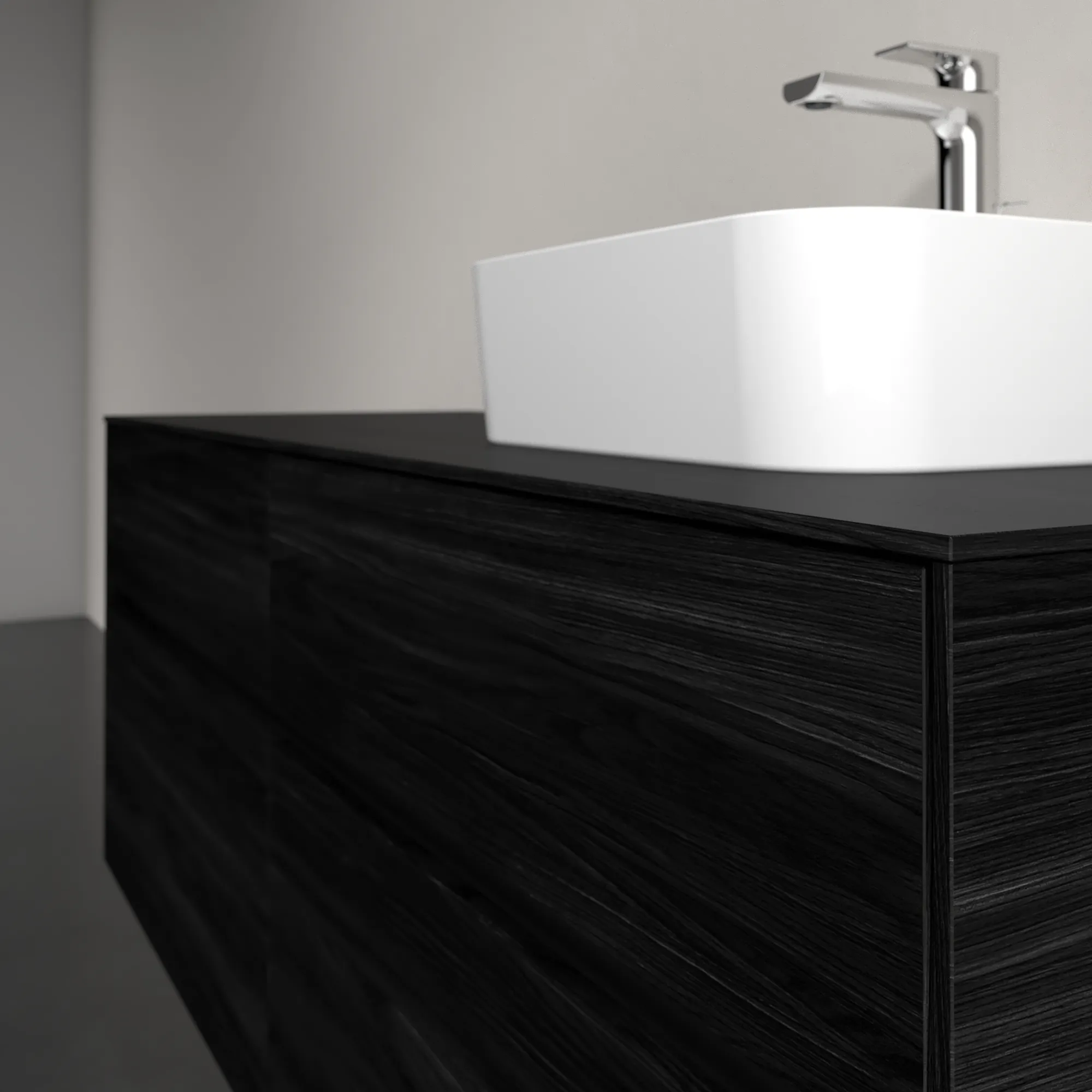 Villeroy & Boch Waschtischunterschrank „Collaro“ 1400 × 548 × 500 mm Black Oak, mit Beleuchtung, für Becken rechts Villeroy & Boch Waschtischunterschrank „Collaro“ 1400 × 548 × 500 mm Black Oak, mit Beleuchtung, für Becken rechts