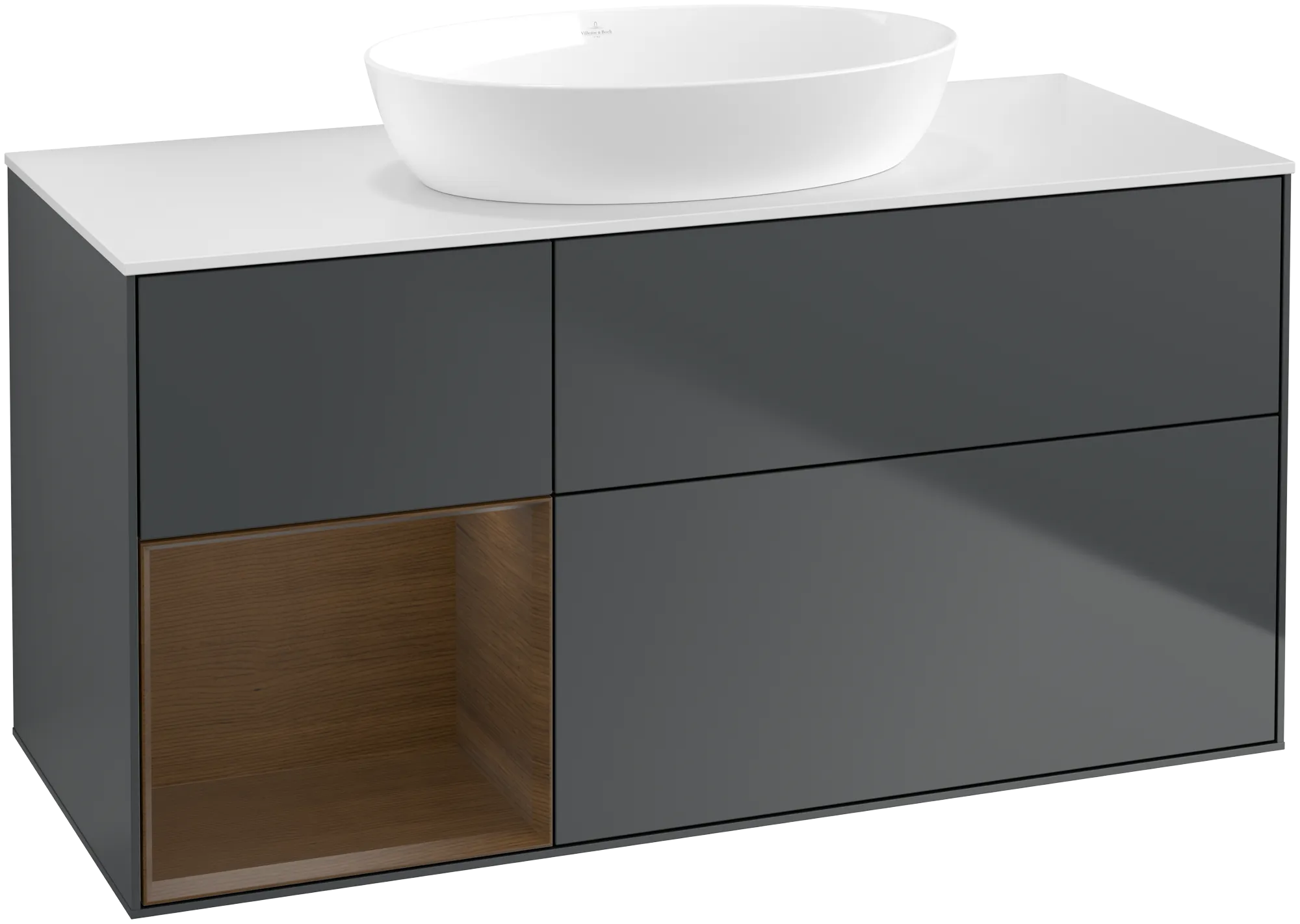Villeroy & Boch Finion Waschbeckenunterschrank FA6, 1200x603x501mm, Midnight Blue Matt Lacquer / Walnut Veneer / Glass White Matt