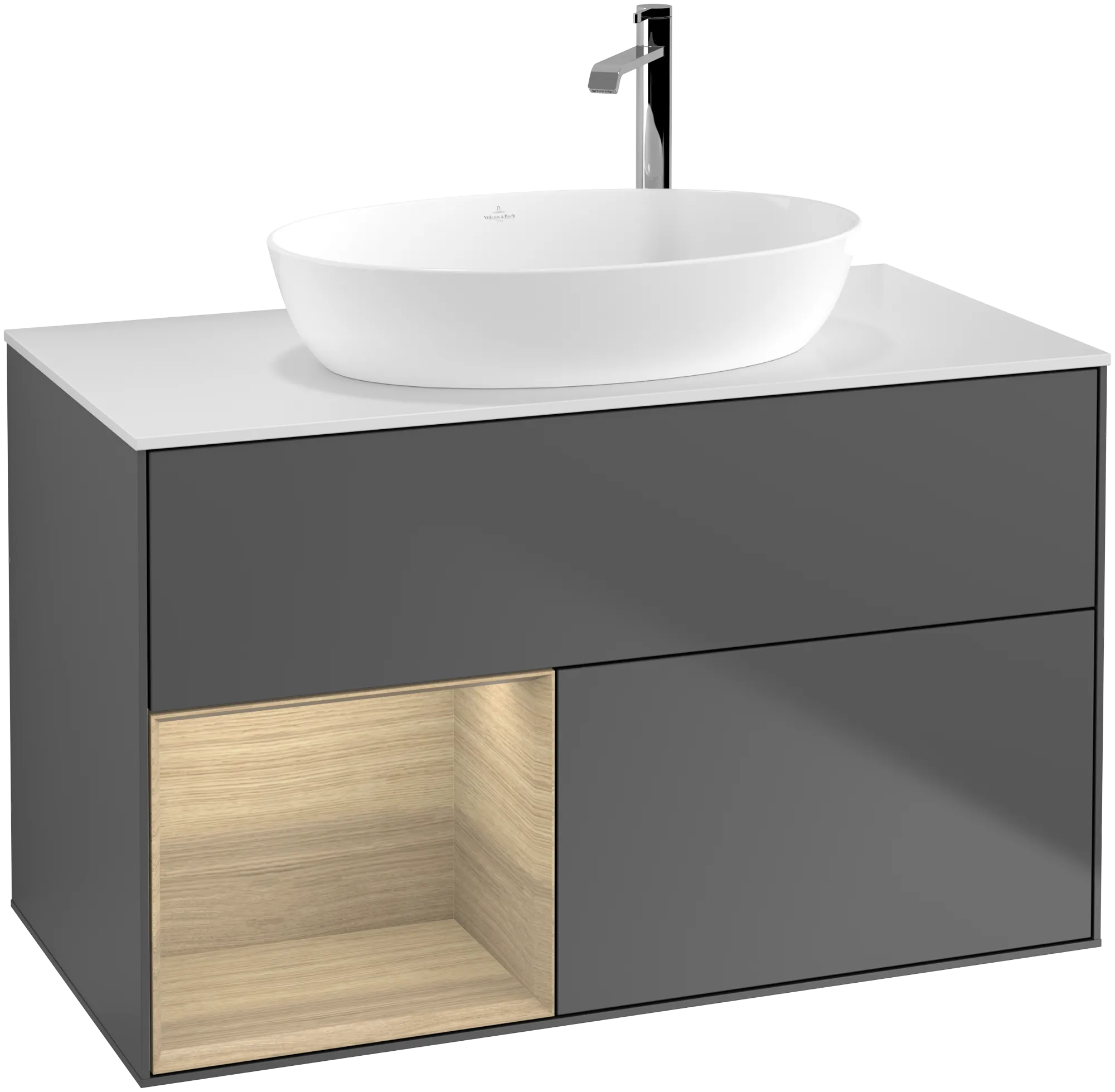Villeroy & Boch Waschbeckenunterschrank Finion G89, Anthrazit-Matt Lack / Eiche Spiegeloptik / Glas Weiss Matt