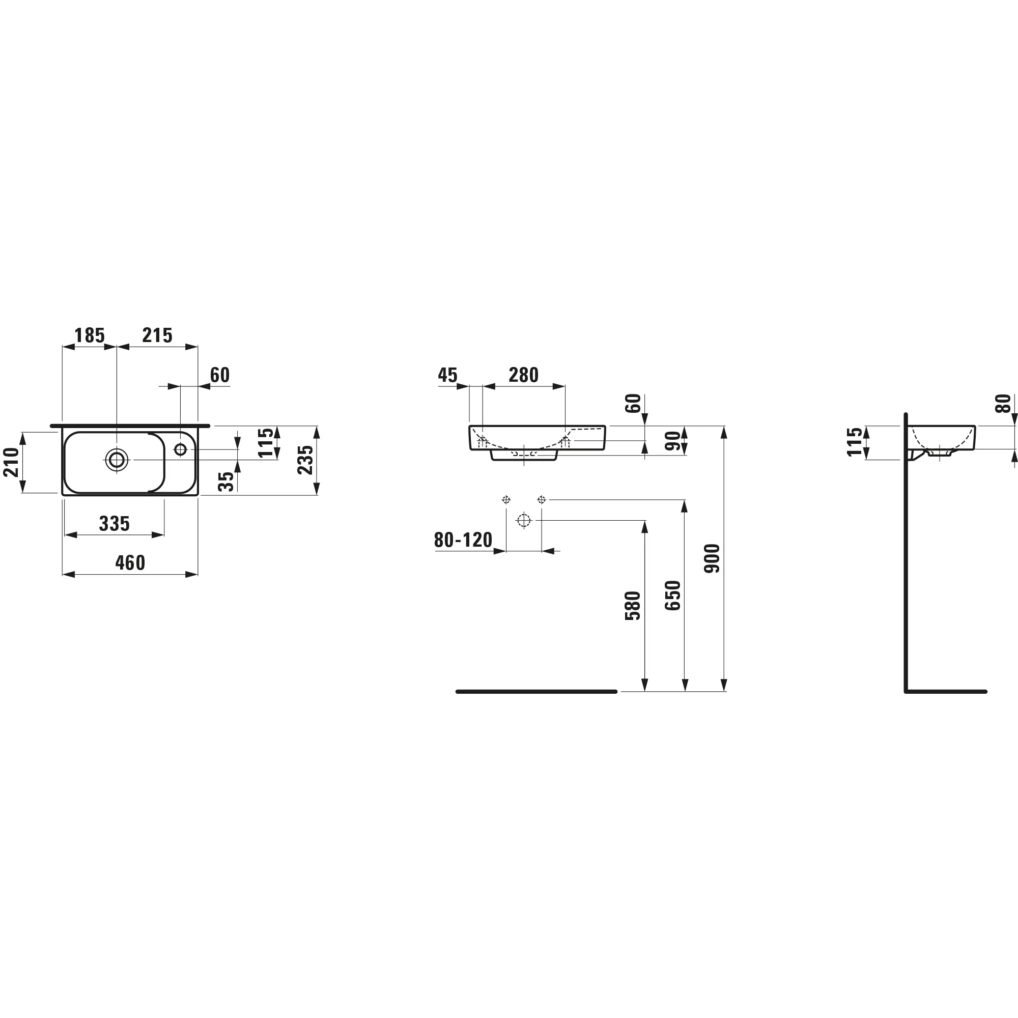 Handwaschbecken, MEDA, 235x460x115, asymmetrisch, ohne Hahnloch ohne Überlauf, Becken links, Hahnlochbank rechts, weiß