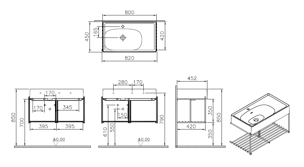 VitrA Equal Set Waschtisch asymmetrisch 80 cm Steingrau Matt/Schwarz Matt
