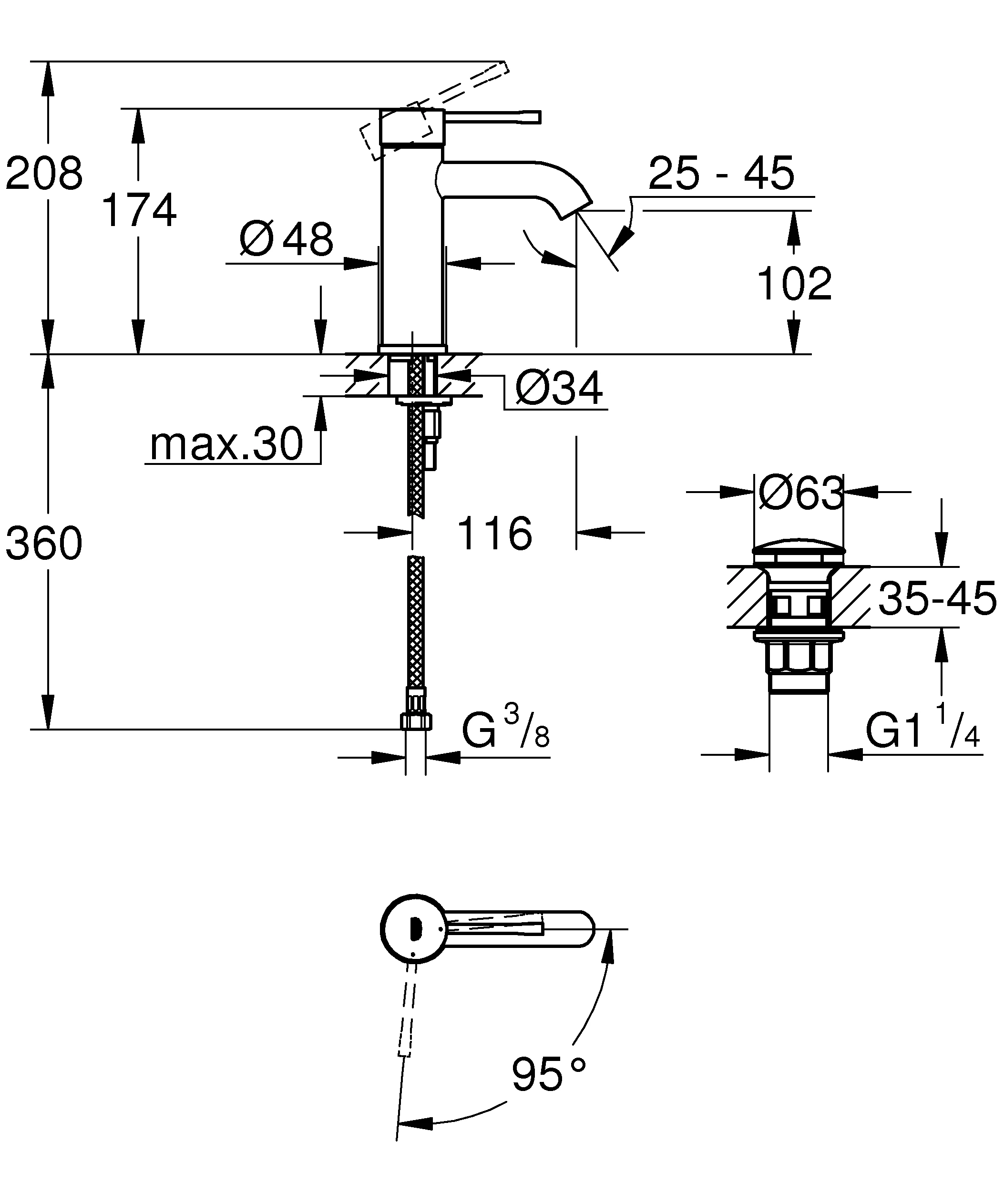 Einhand-Waschtischbatterie Essence 24179_1, S-Size, Einlochmontage, Mittelstellung kalt, glatter Körper mit Push-open Ablaufgarnitur, Professional Edition, chrom