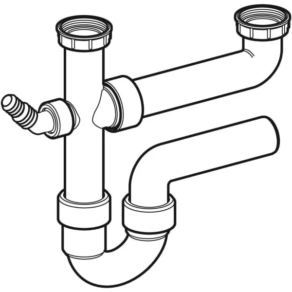 Rohrbogengeruchsverschluss für zwei Spülbecken, mit Winkelschlauchtülle, Abgang horizontal: d=50mm, G=1 1/2″, weiß-alpin