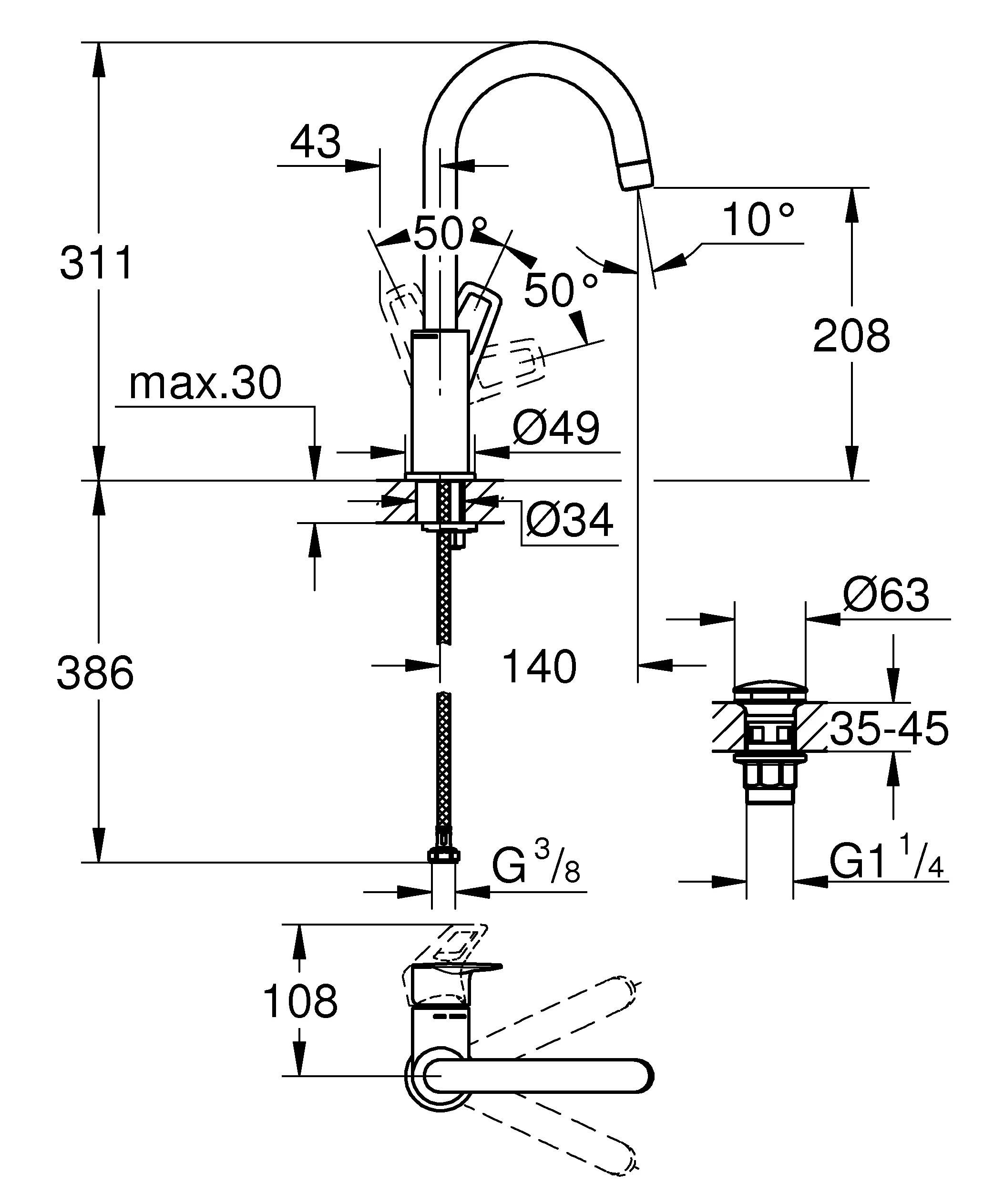 Einhand-Waschtischbatterie BauLoop 23891_1, L-Size, Einlochmontage, mit Temperaturbegrenzer, EcoJoy 5,7 l/min Mousseur, glatter Körper, schwenkbarer Rohrauslauf, Push-open Ablaufgarnitur aus Kunststoff 1 1/4″, chrom