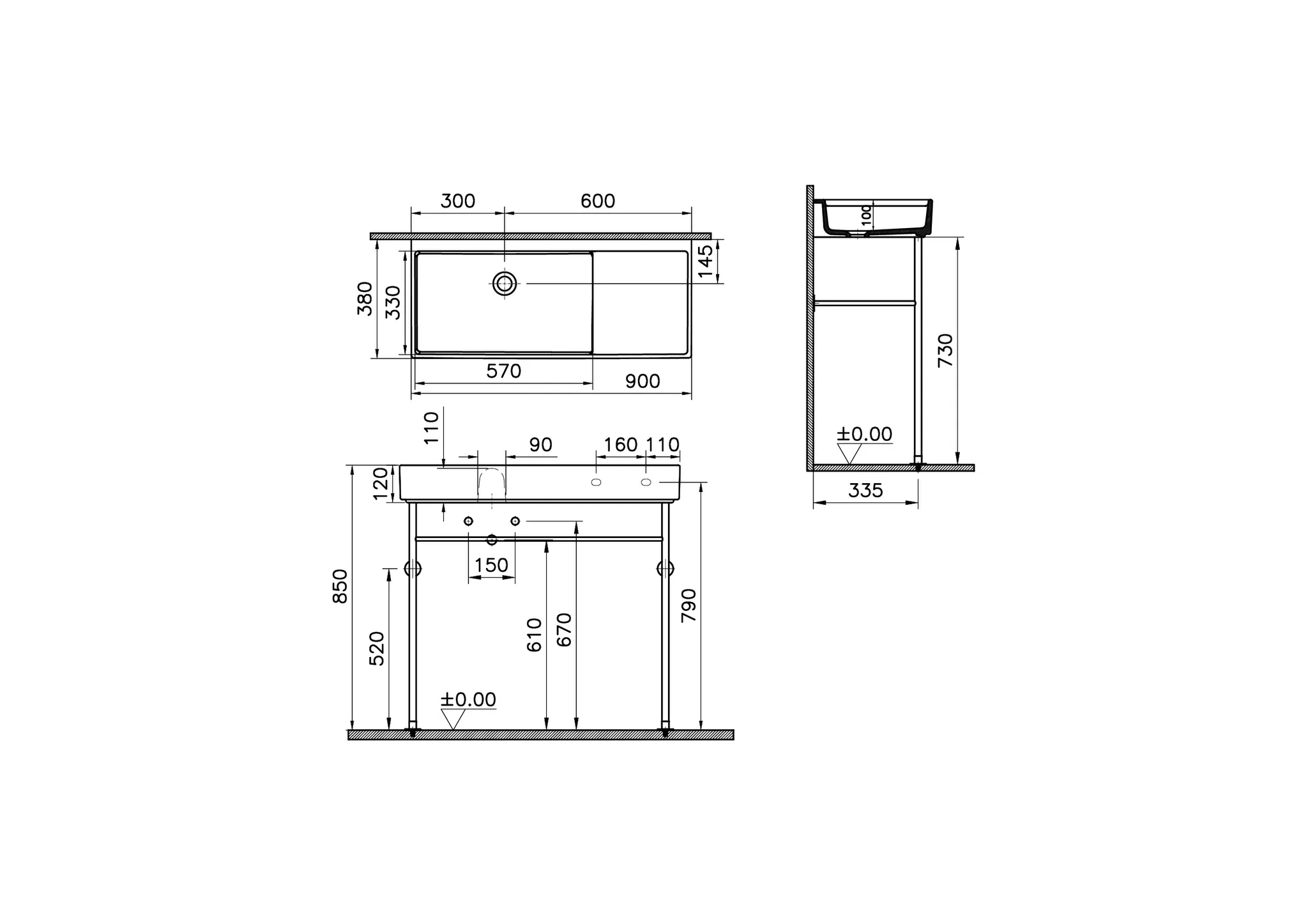 VitrA ArchiPlan Waschtisch Compact mit Metallrack asymmetrisch 90 x 38 cm rechteckig wandgebunden Weiß Hochglanz