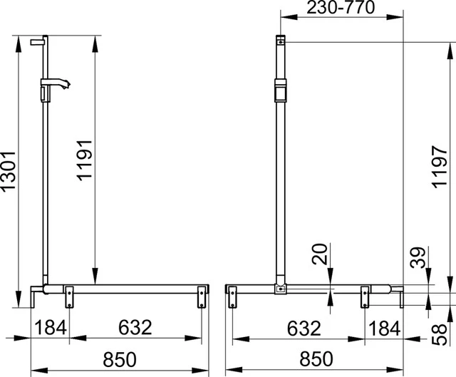 AXESS 35015170101 Duschhandlauf mit Brausestange rechts 840/840/1300 mm silber-eloxiert