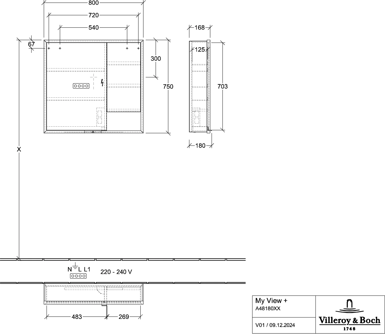 Villeroy & Boch Aufputz-Spiegelschrank My View+ A48180, 800x750x168mm, mit Beleuchtung, Brilliant White